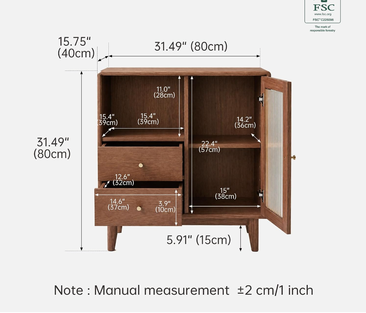 Solid Rubberwood Accent Cabinet with Fluted Glass Door and Tapered Legs