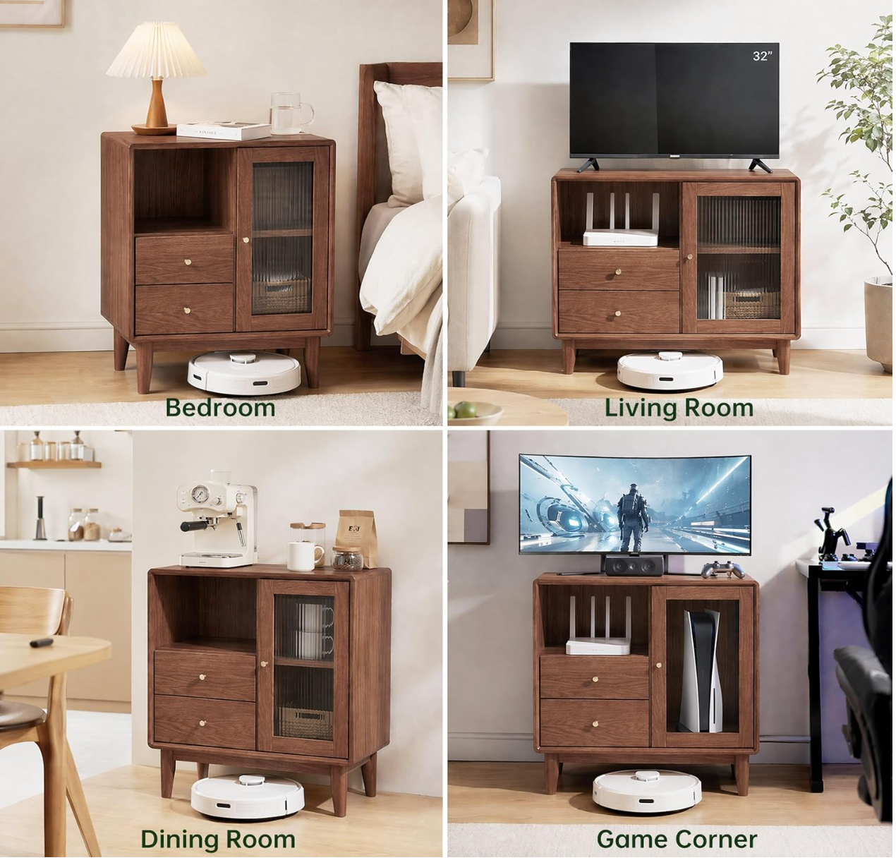 Solid Rubberwood Accent Cabinet with Fluted Glass Door and Tapered Legs