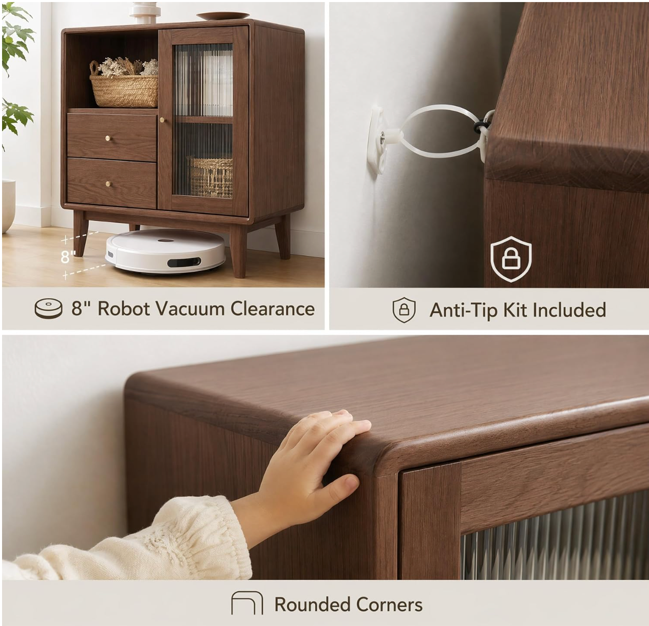 Solid Rubberwood Accent Cabinet with Fluted Glass Door and Tapered Legs