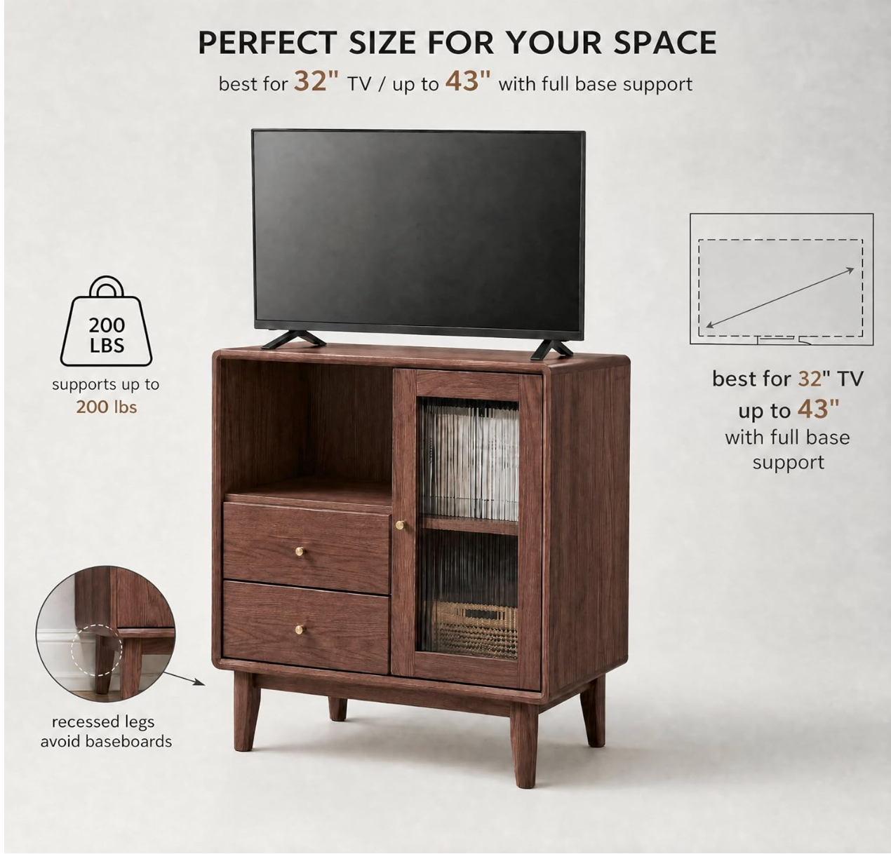 Solid Rubberwood Accent Cabinet with Fluted Glass Door and Tapered Legs