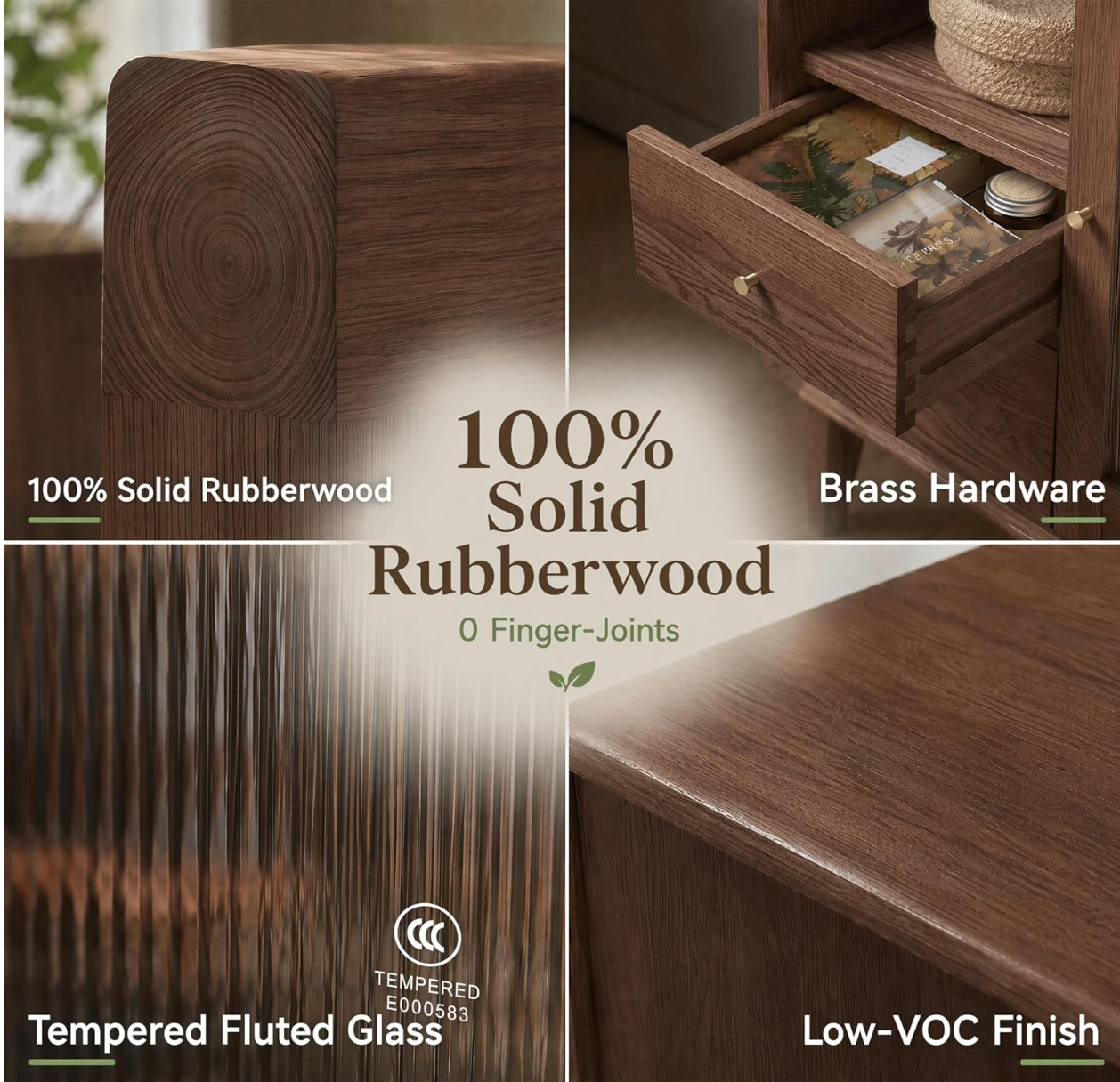 Solid Rubberwood Accent Cabinet with Fluted Glass Door and Tapered Legs