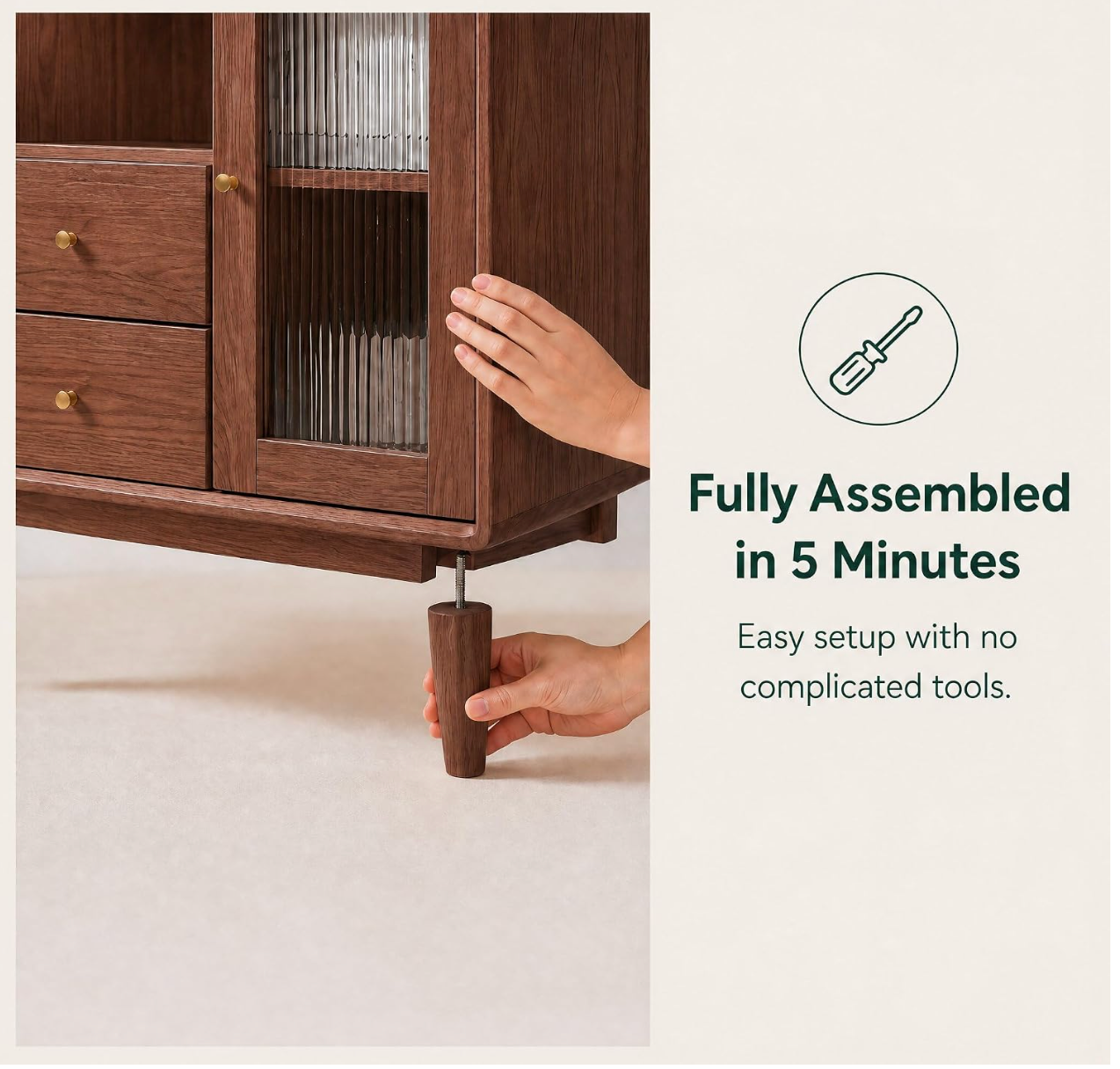 Solid Rubberwood Accent Cabinet with Fluted Glass Door and Tapered Legs