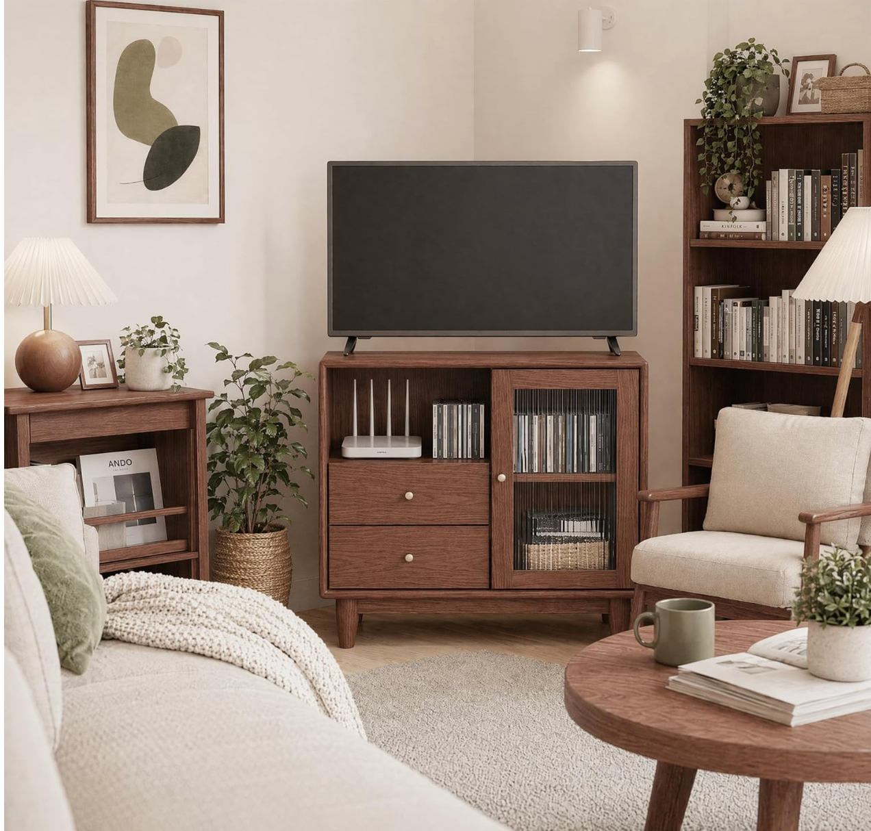Solid Rubberwood Accent Cabinet with Fluted Glass Door and Tapered Legs