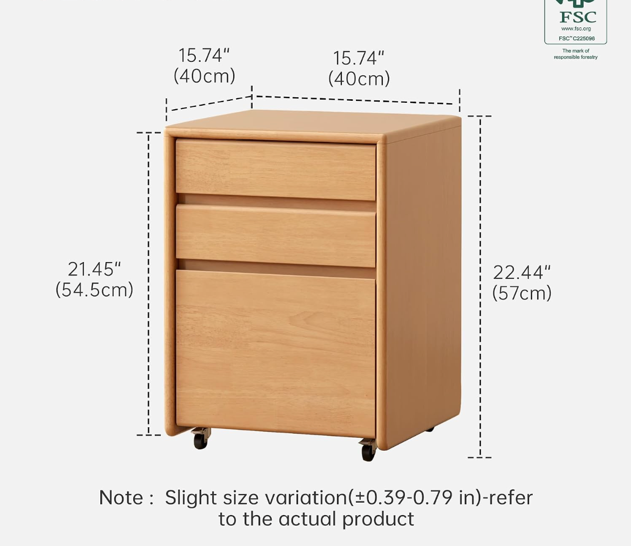 Rubberwood Solid Wood  3-Drawer Mobile File Pedestal Cabinet with Casters