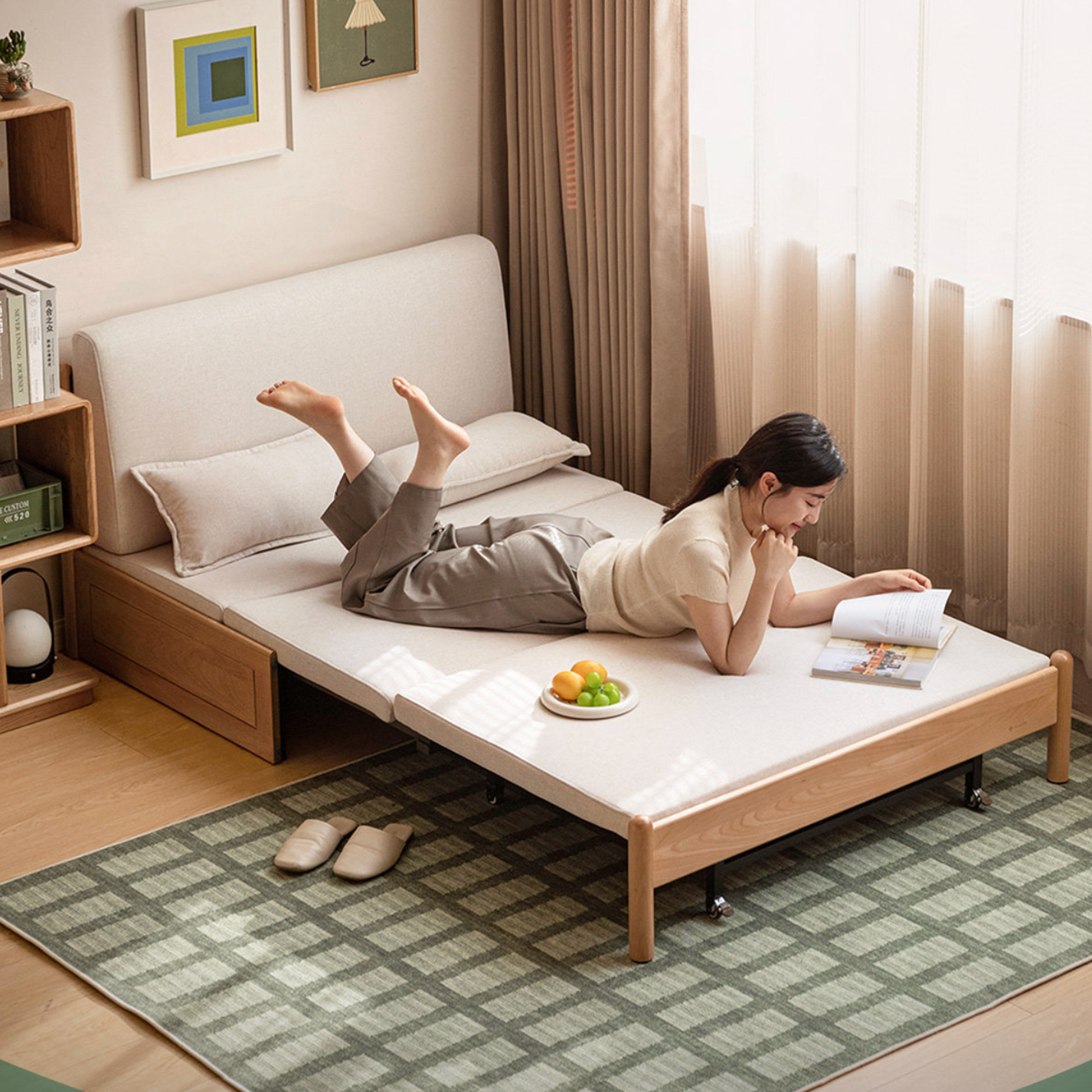 Beech Solid Wood Minimalist Pull-Out Sofa Bed