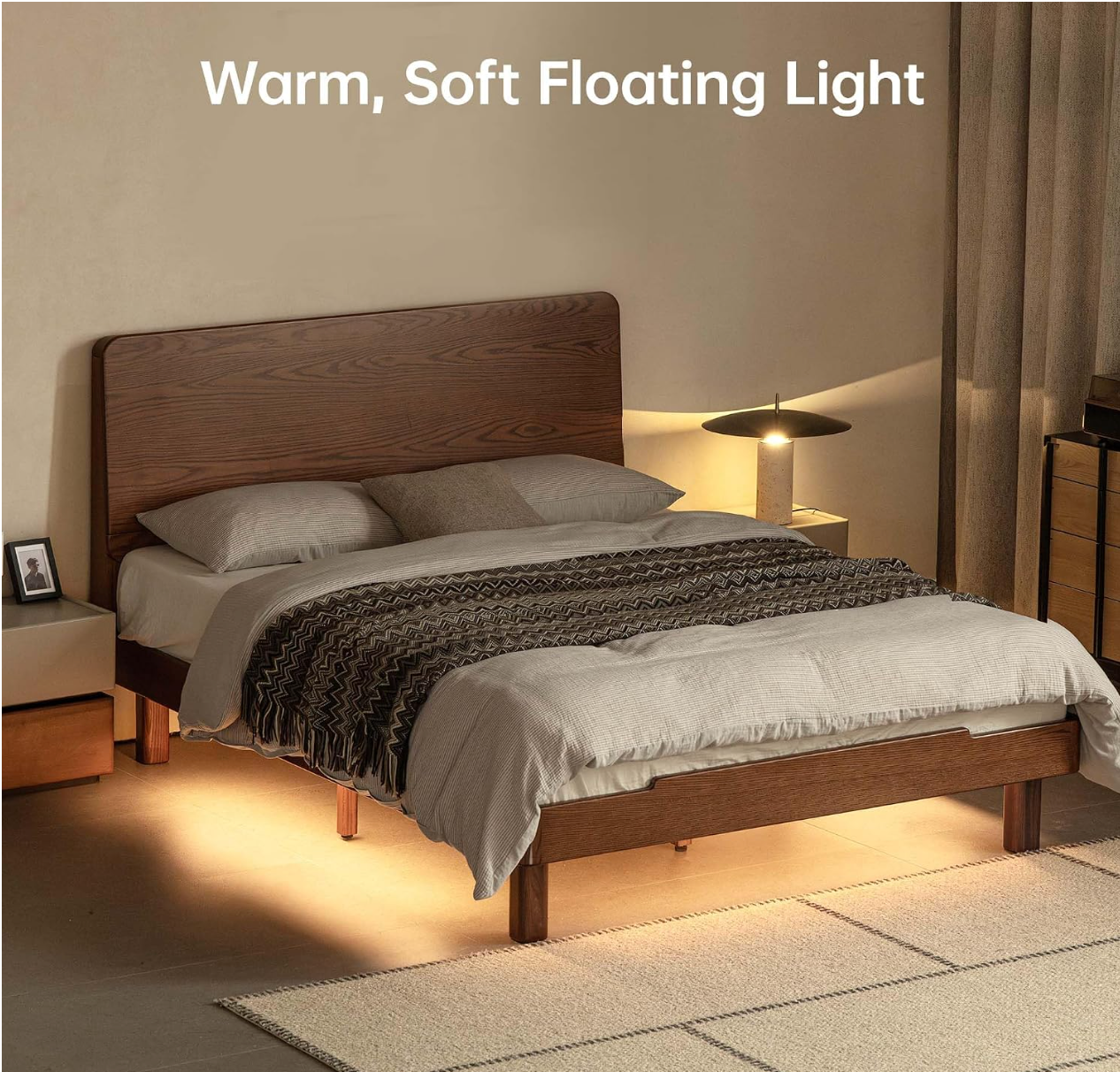 Oak Solid Wood Queen Floating Platform Bed with LED Lighting