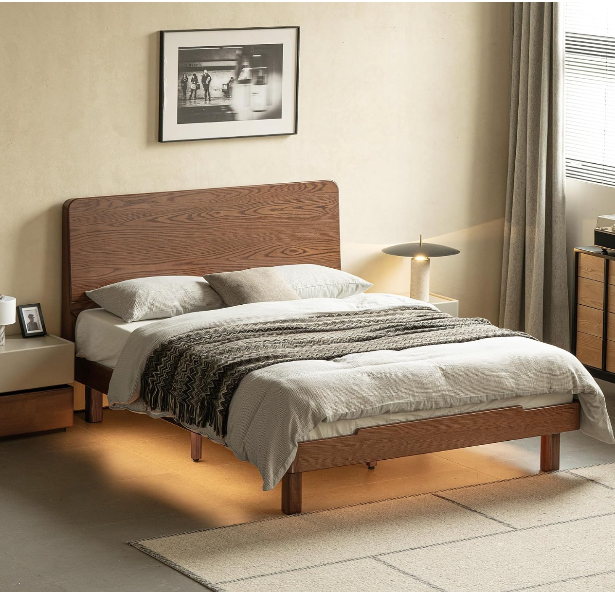 Oak Solid Wood Queen Floating Platform Bed with LED Lighting