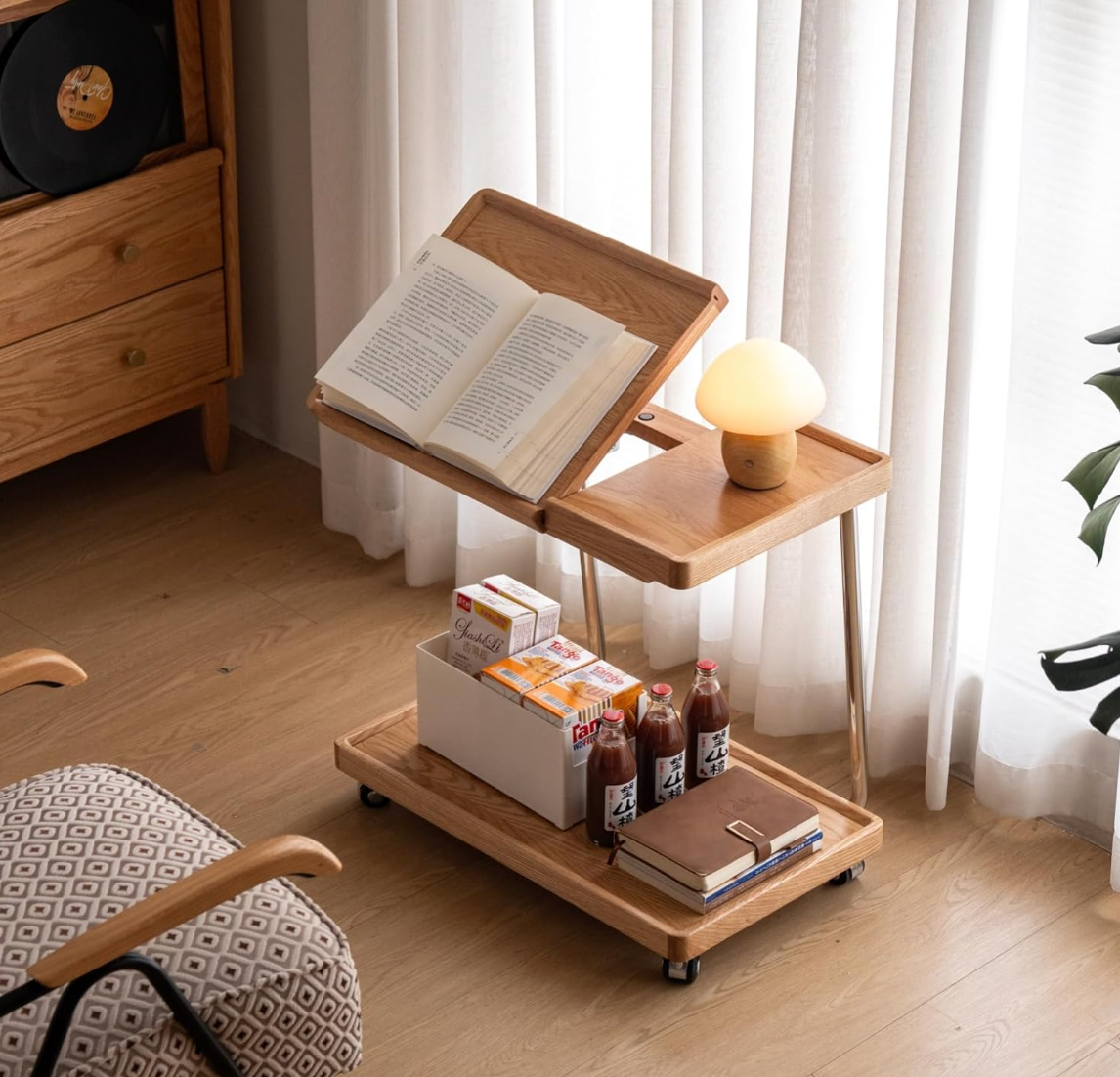 Oak, Poplar Solid Wood Mobile Side Table