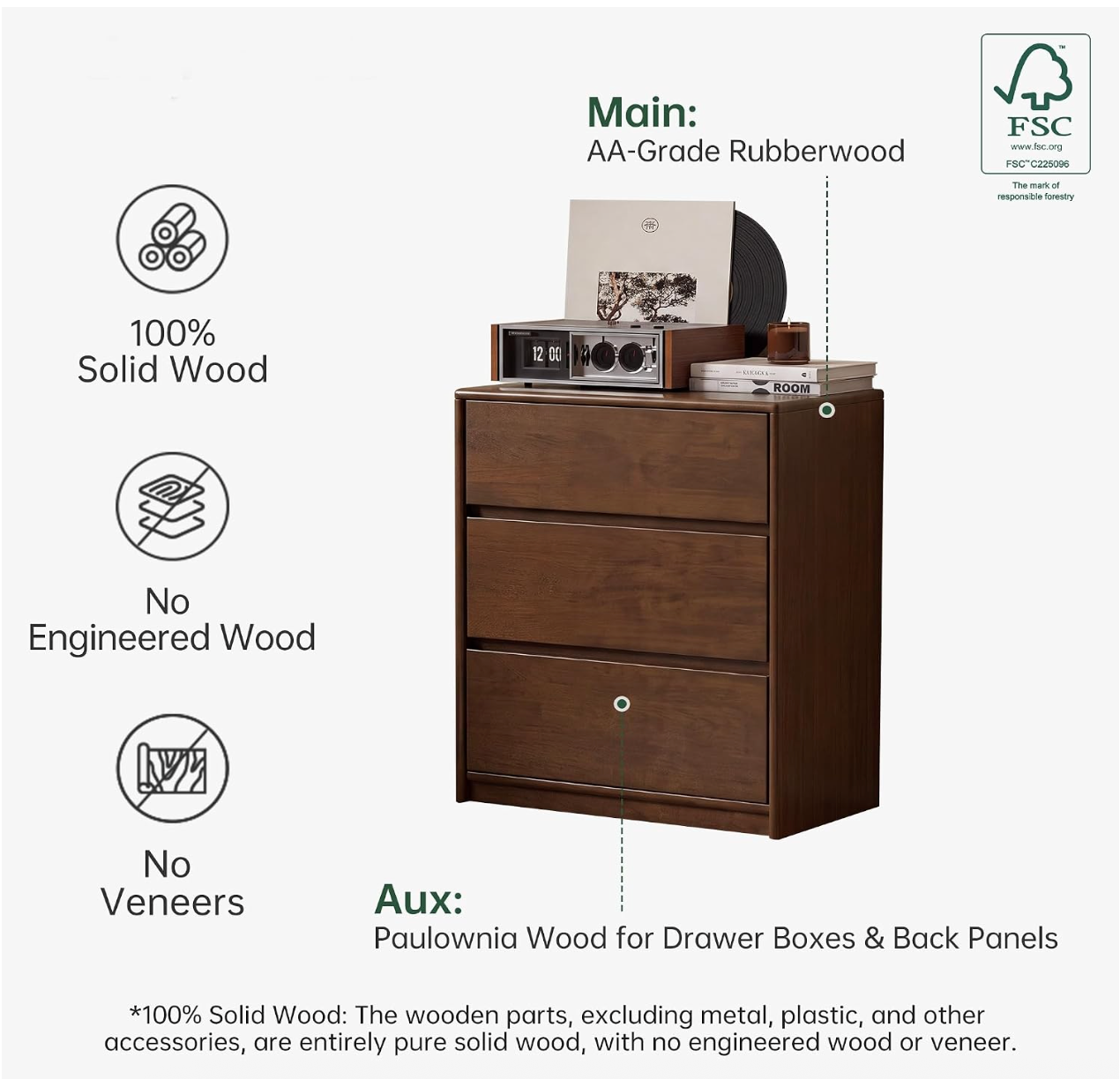 Black Walnut, Solid Rubberwood Wood Tall Accent Cabinet with Sliding Glass Door and Drawers