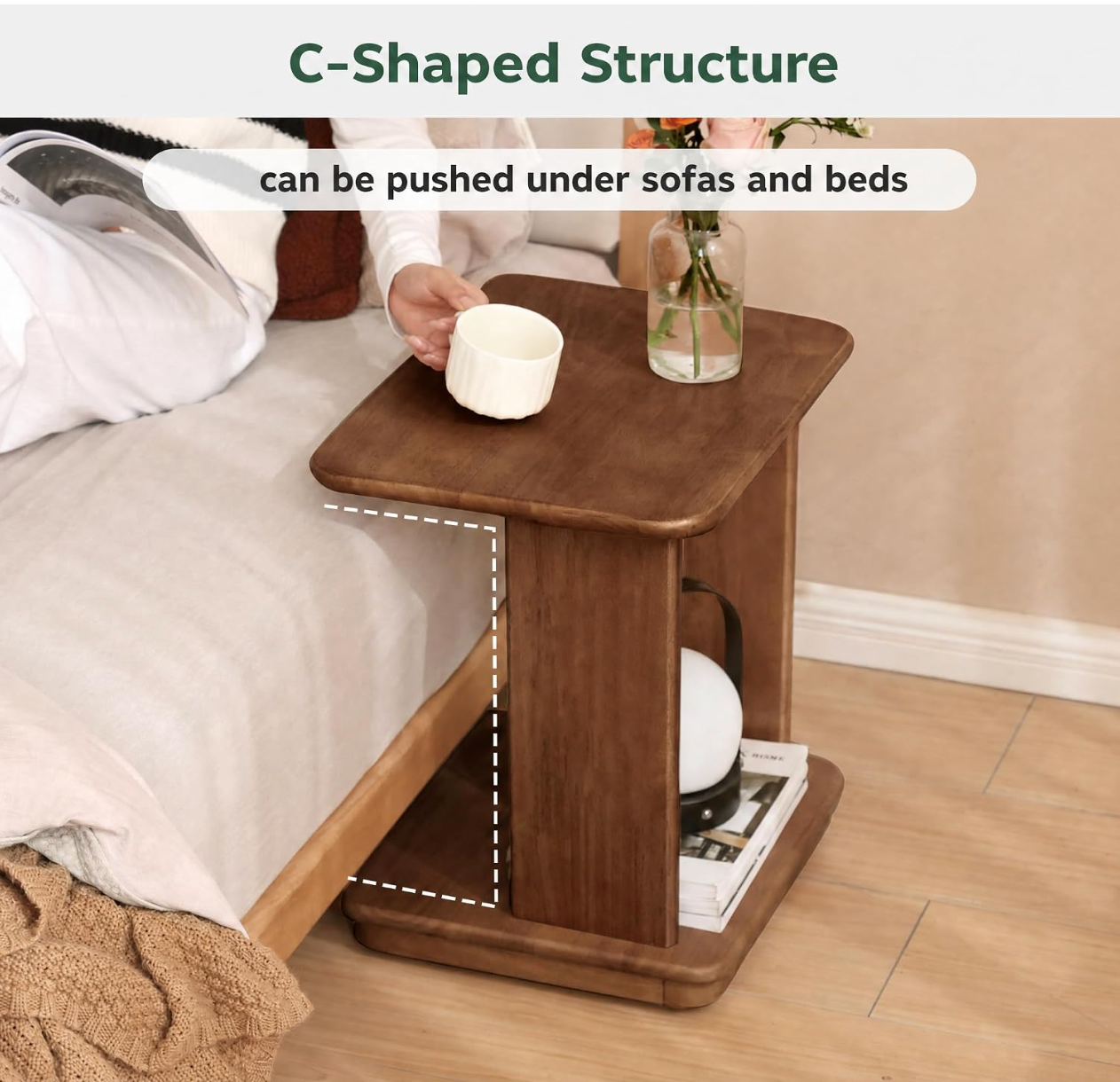 Beech, Solid Rubberwood Chic C-Shaped Side Table