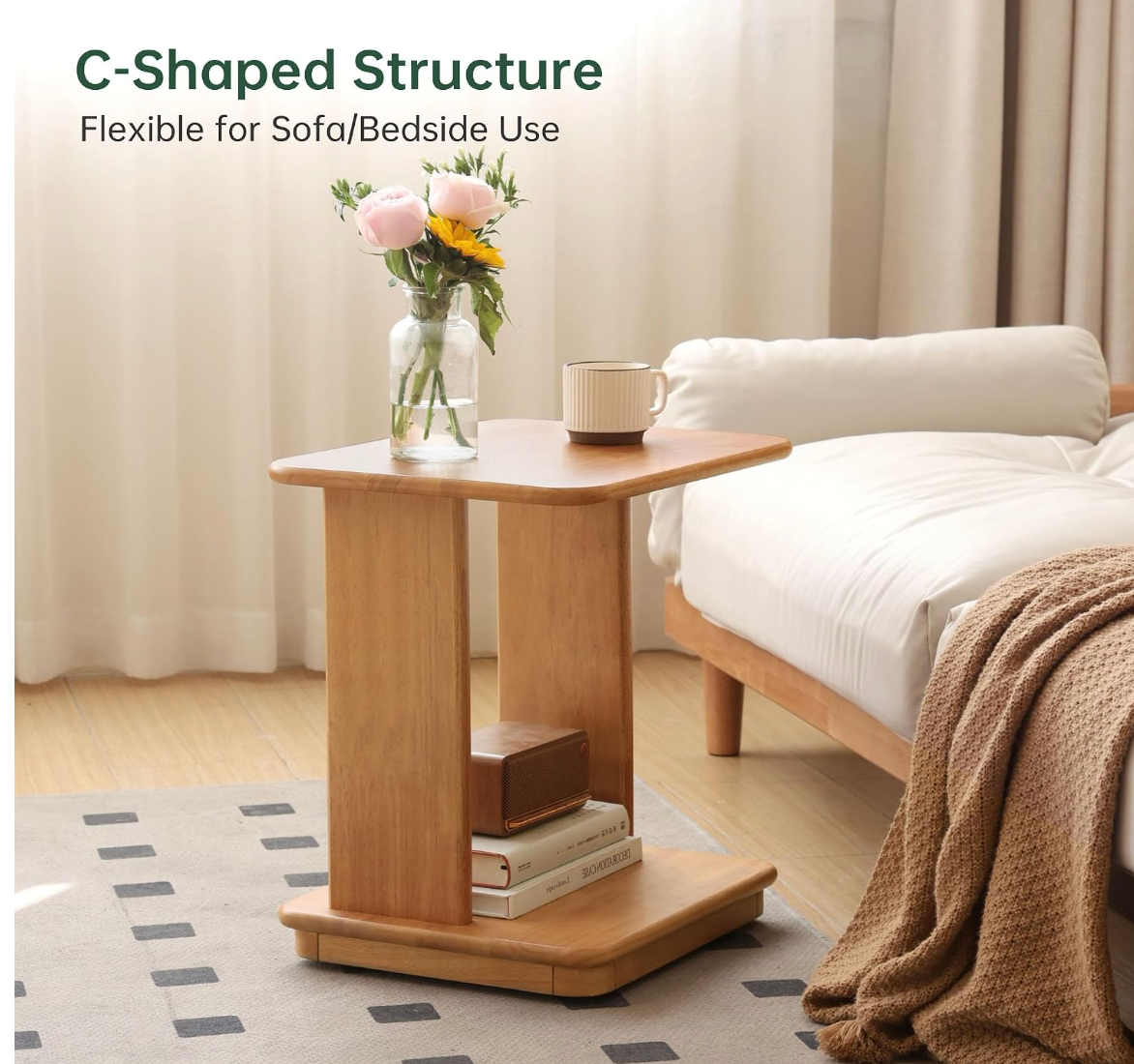 Beech, Solid Rubberwood Chic C-Shaped Side Table