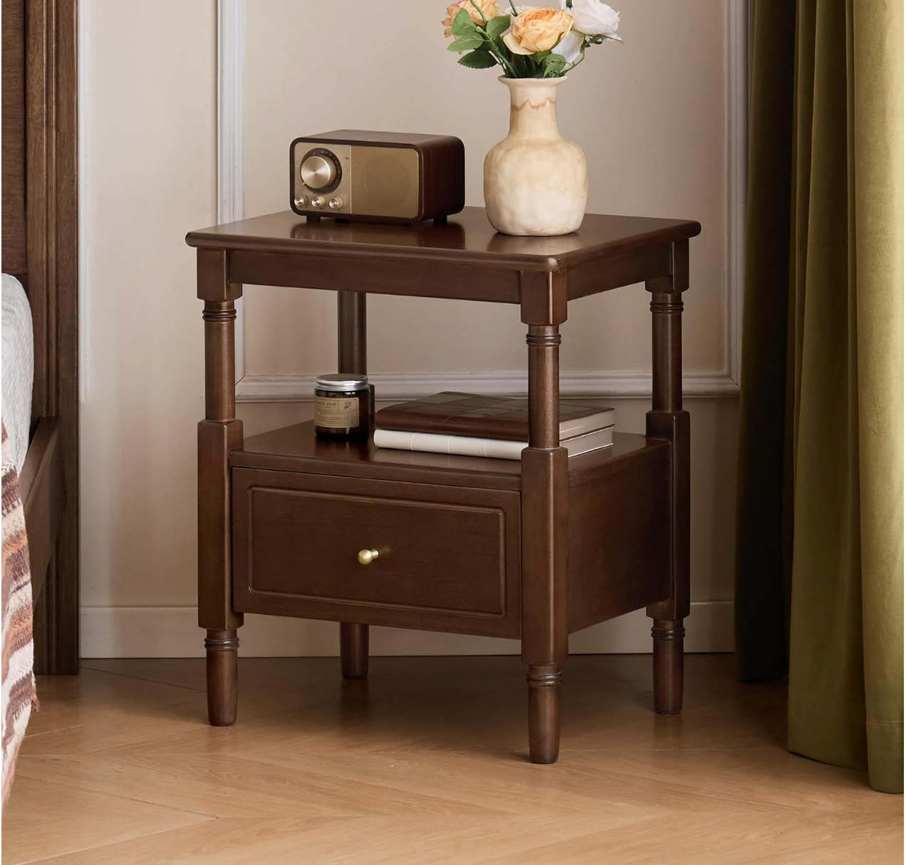 Solid RubberWood, Poplar Nightstand with Reeded Glass Door and Turned Legs
