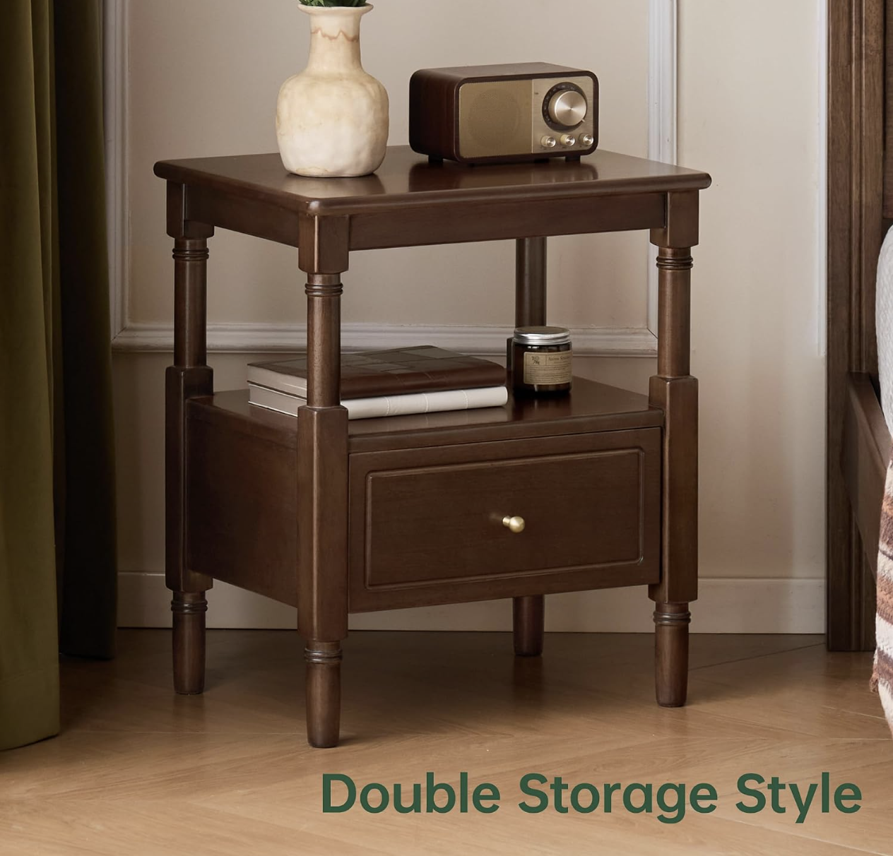 Solid RubberWood, Poplar Nightstand with Reeded Glass Door and Turned Legs