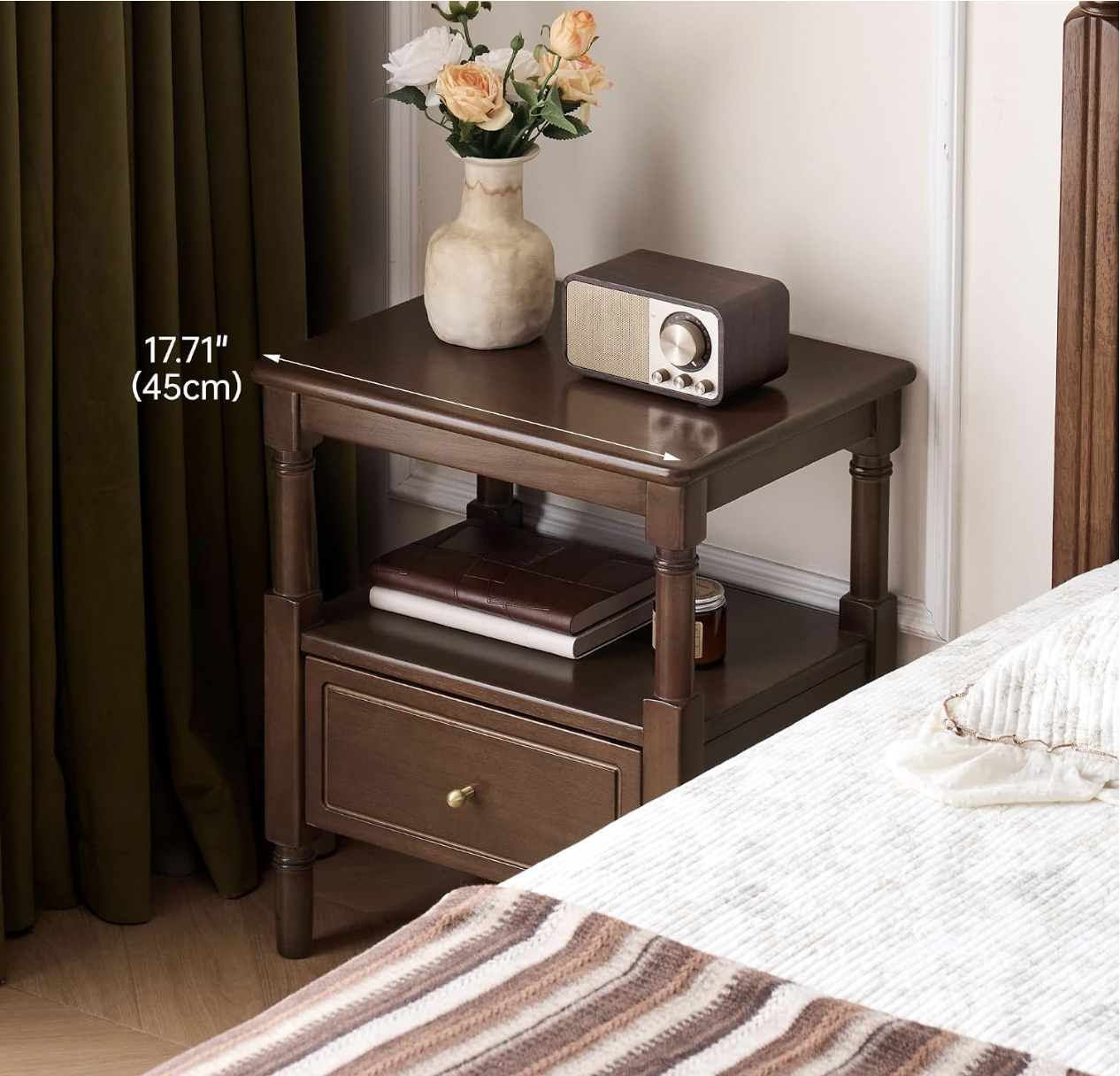 Solid RubberWood, Poplar Nightstand with Reeded Glass Door and Turned Legs