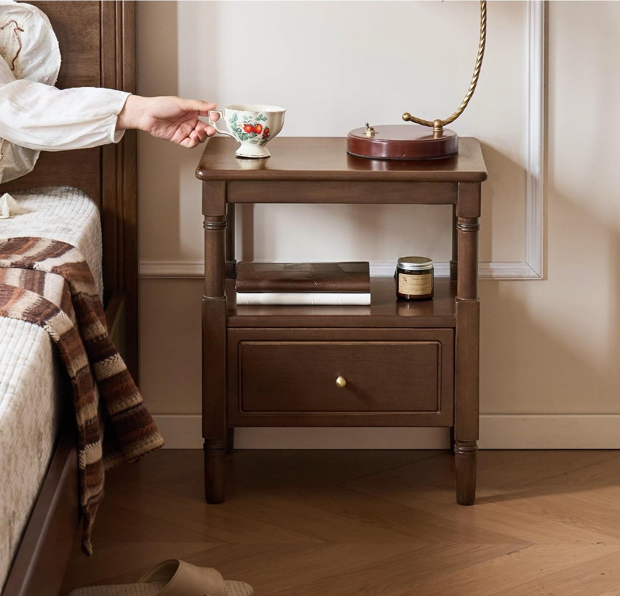 Solid RubberWood, Poplar Nightstand with Reeded Glass Door and Turned Legs