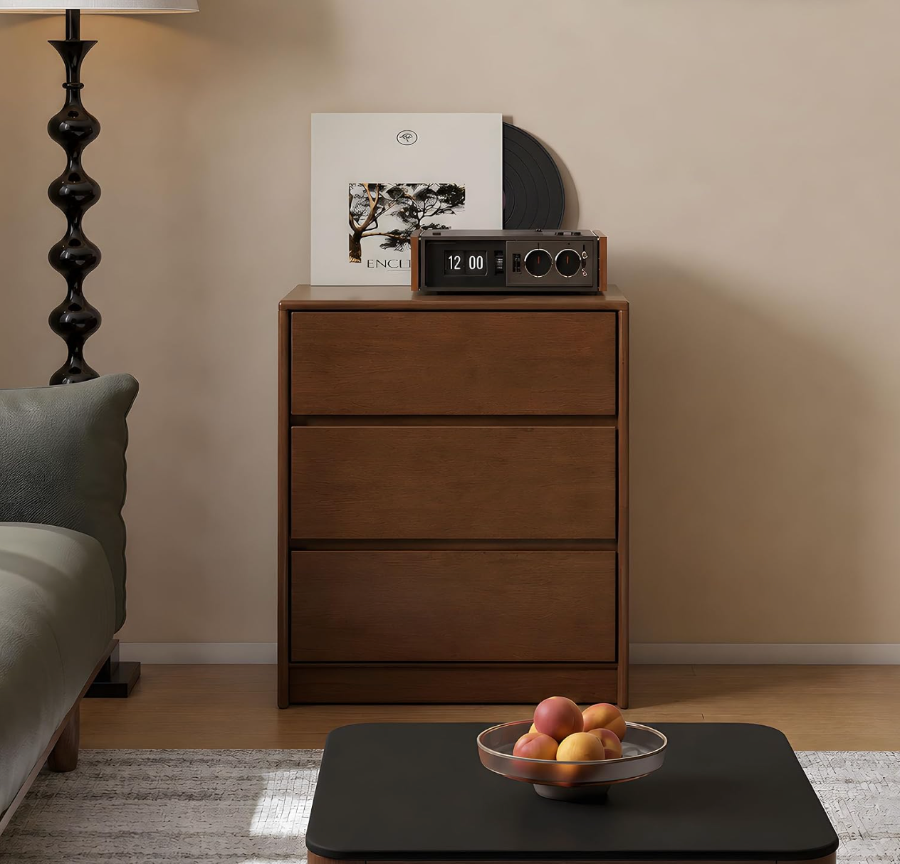Black Walnut, Solid Rubberwood Wood Tall Accent Cabinet with Sliding Glass Door and Drawers