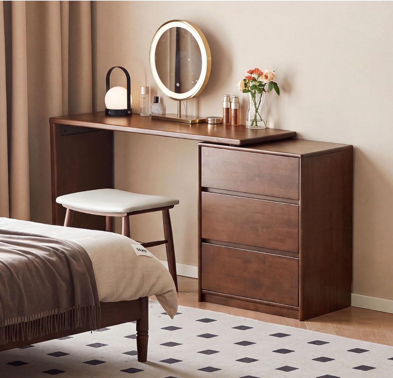 Black Walnut, Solid Rubberwood Wood Tall Accent Cabinet with Sliding Glass Door and Drawers