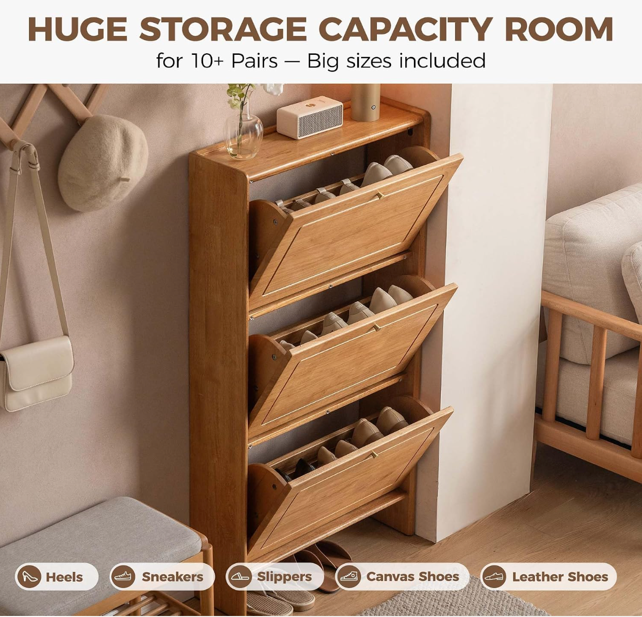 Rubberwood Solid Wood Shoe Cabinet with Space Saving Flip Storage
