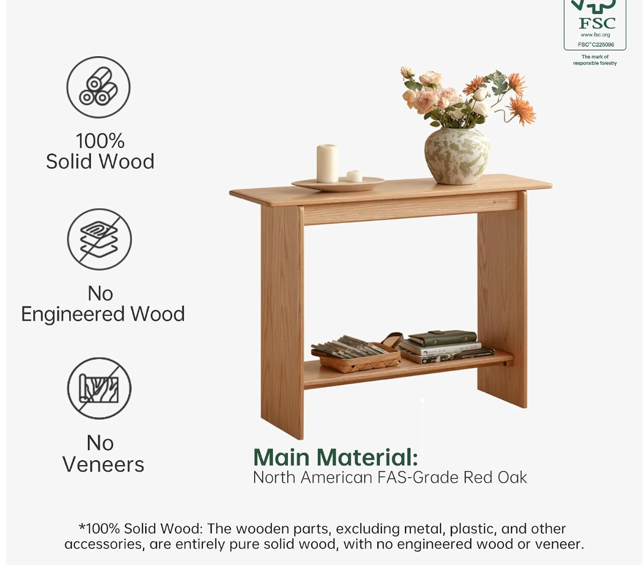 Oak, Solid Rubberwood Narrow Console Table