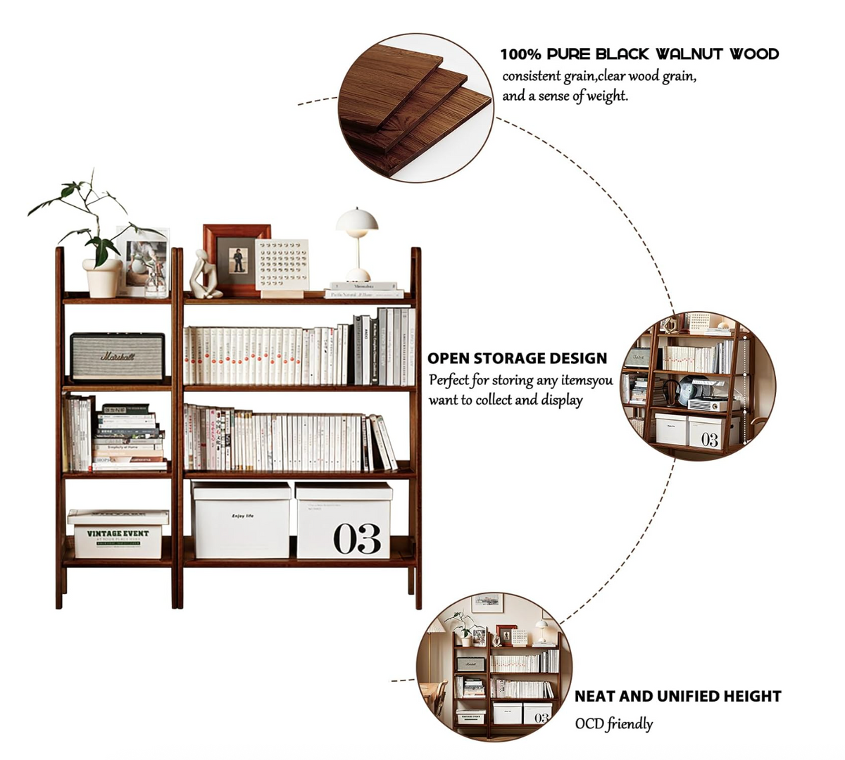 Black Walnut, Oak Solid Wood Trapezoidal Three-Tier Bookshelf, Side Table