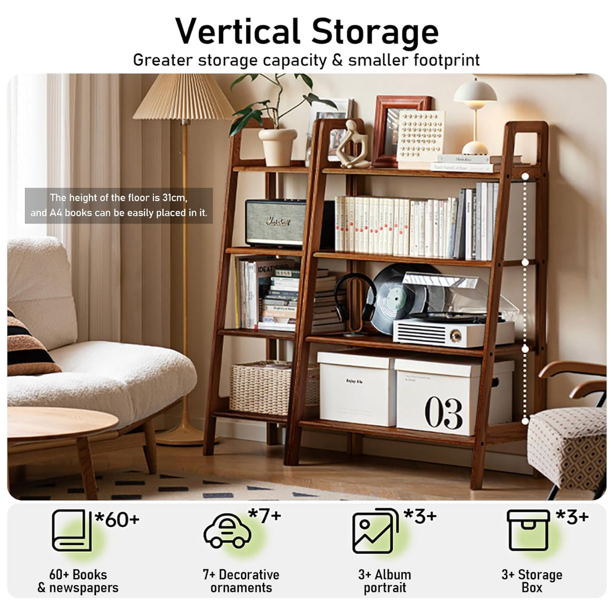 Black Walnut, Oak Solid Wood Trapezoidal Three-Tier Bookshelf, Side Table