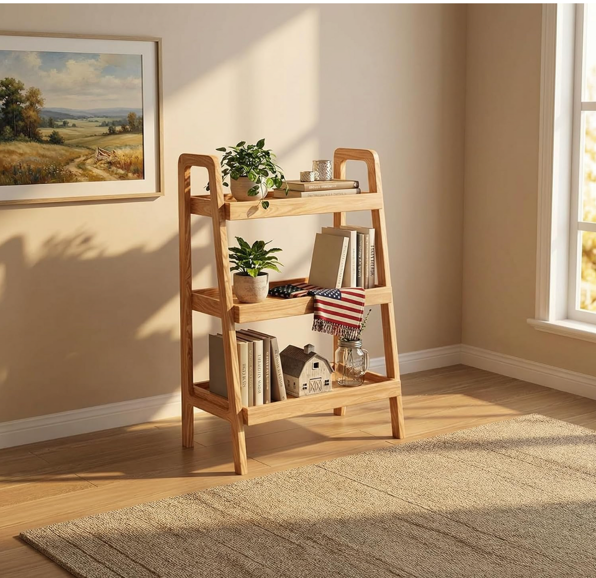 Black Walnut, Oak Solid Wood Trapezoidal Three-Tier Bookshelf, Side Table