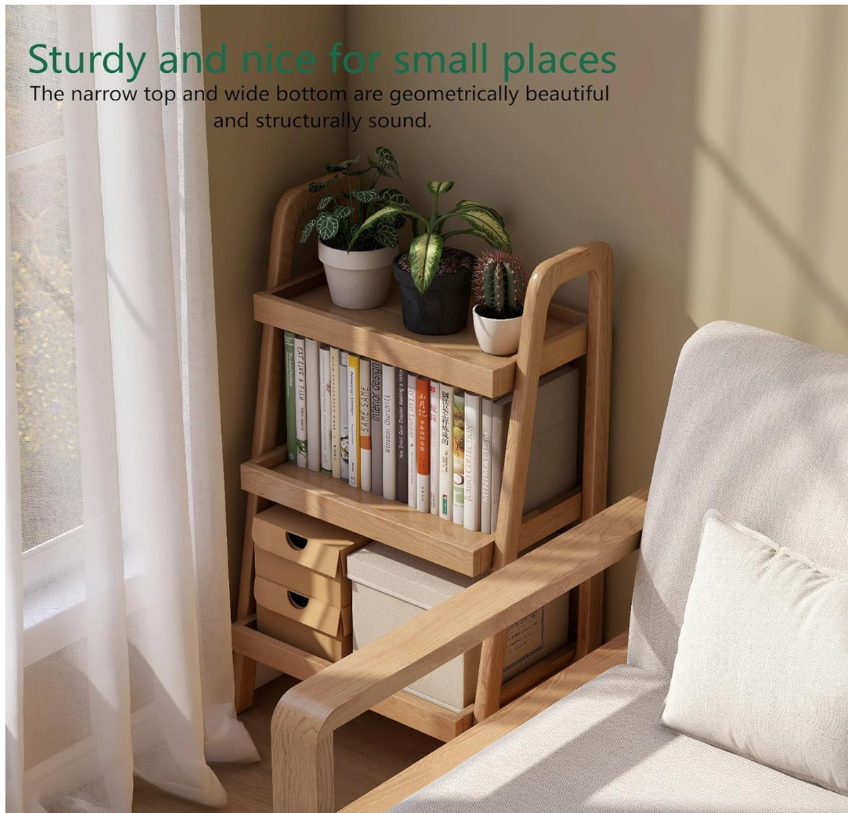 Black Walnut, Oak Solid Wood Trapezoidal Three-Tier Bookshelf, Side Table