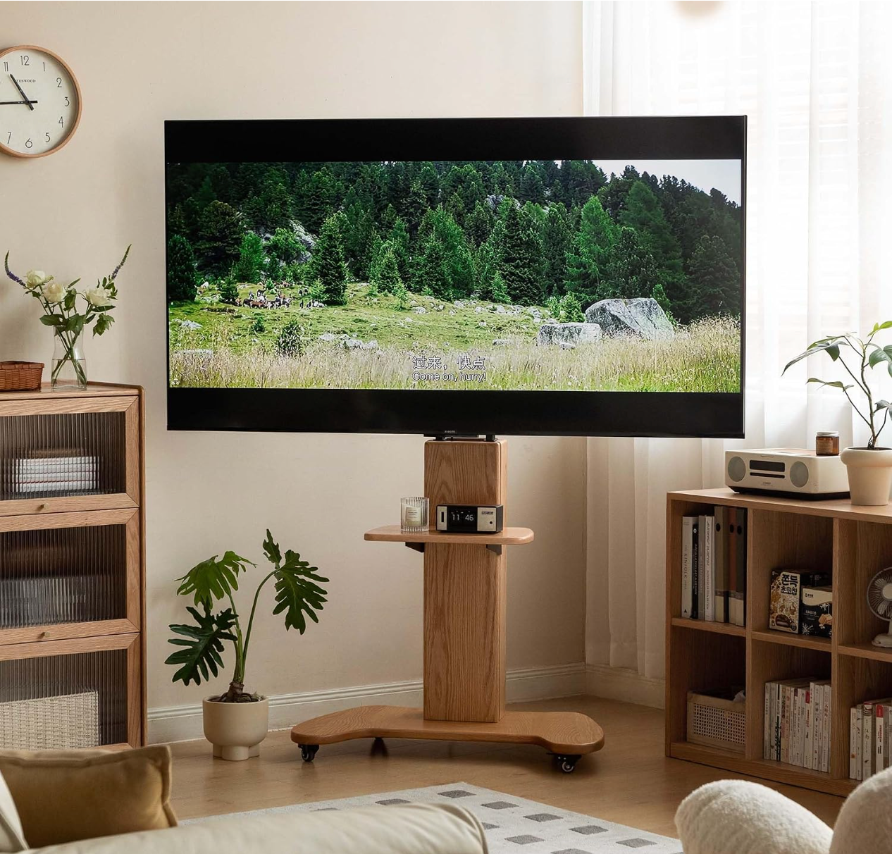Oak Solid Wood TV Stand with Open Wall Rack and Mobile Cart Base