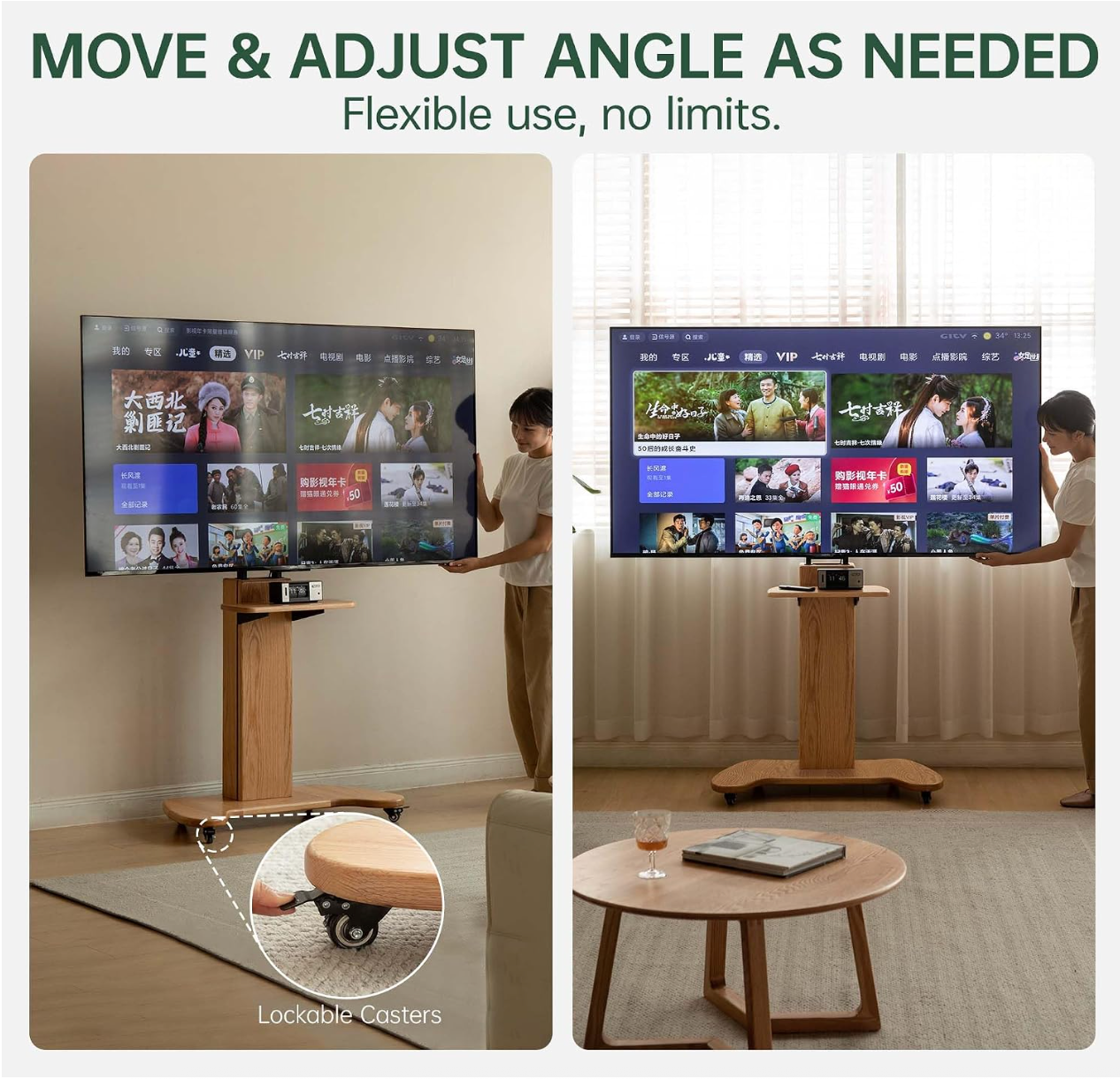 Oak Solid Wood TV Stand with Open Wall Rack and Mobile Cart Base