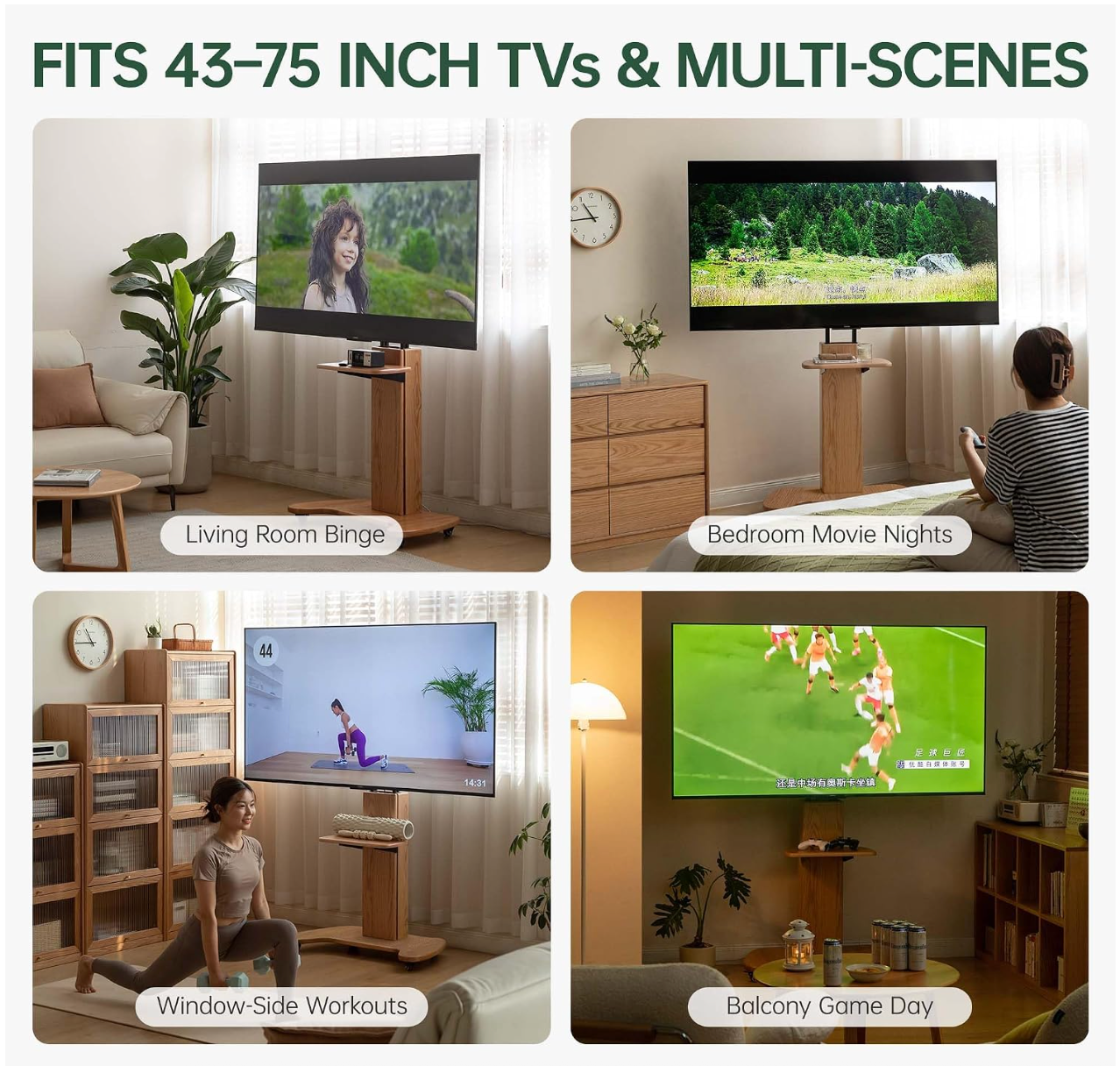 Oak Solid Wood TV Stand with Open Wall Rack and Mobile Cart Base