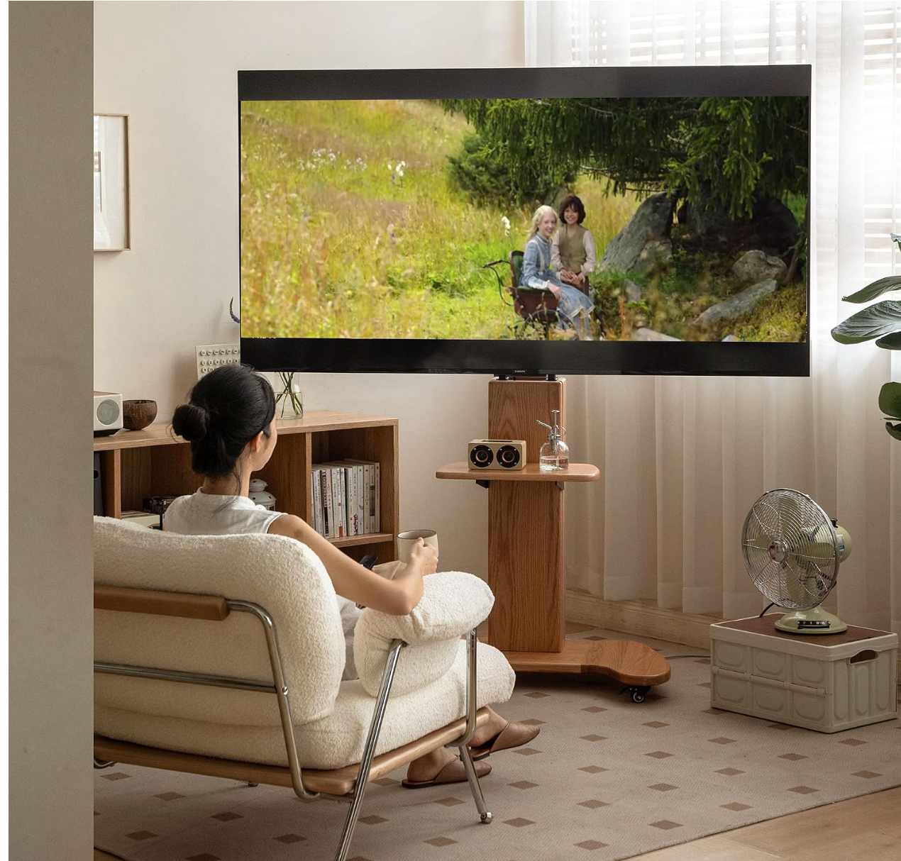 Oak Solid Wood TV Stand with Open Wall Rack and Mobile Cart Base