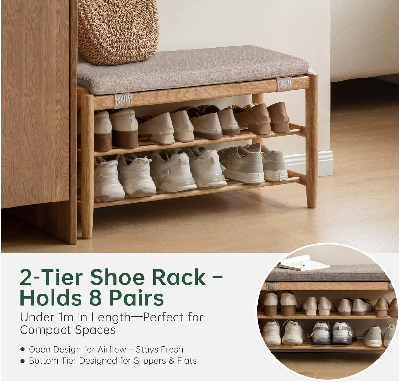 Beech, Oak Solid Wood Shoe Storage Bench