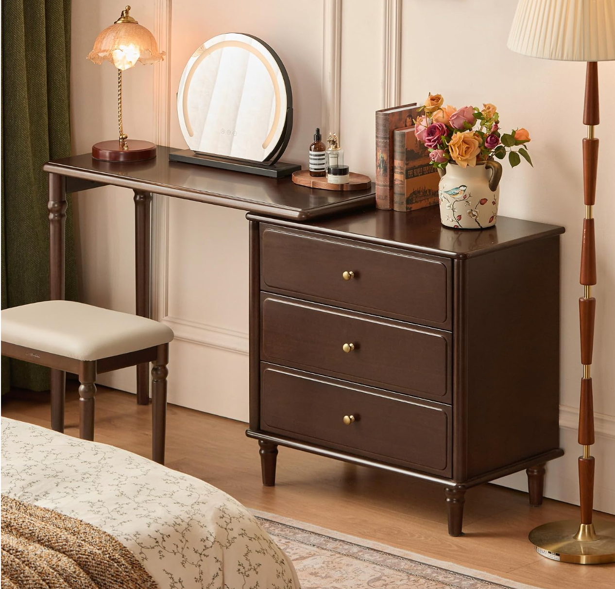 Black Walnut, Poplar Solid Wood Traditional Dresser with Attached Vanity Desk Extension and Turned Legs