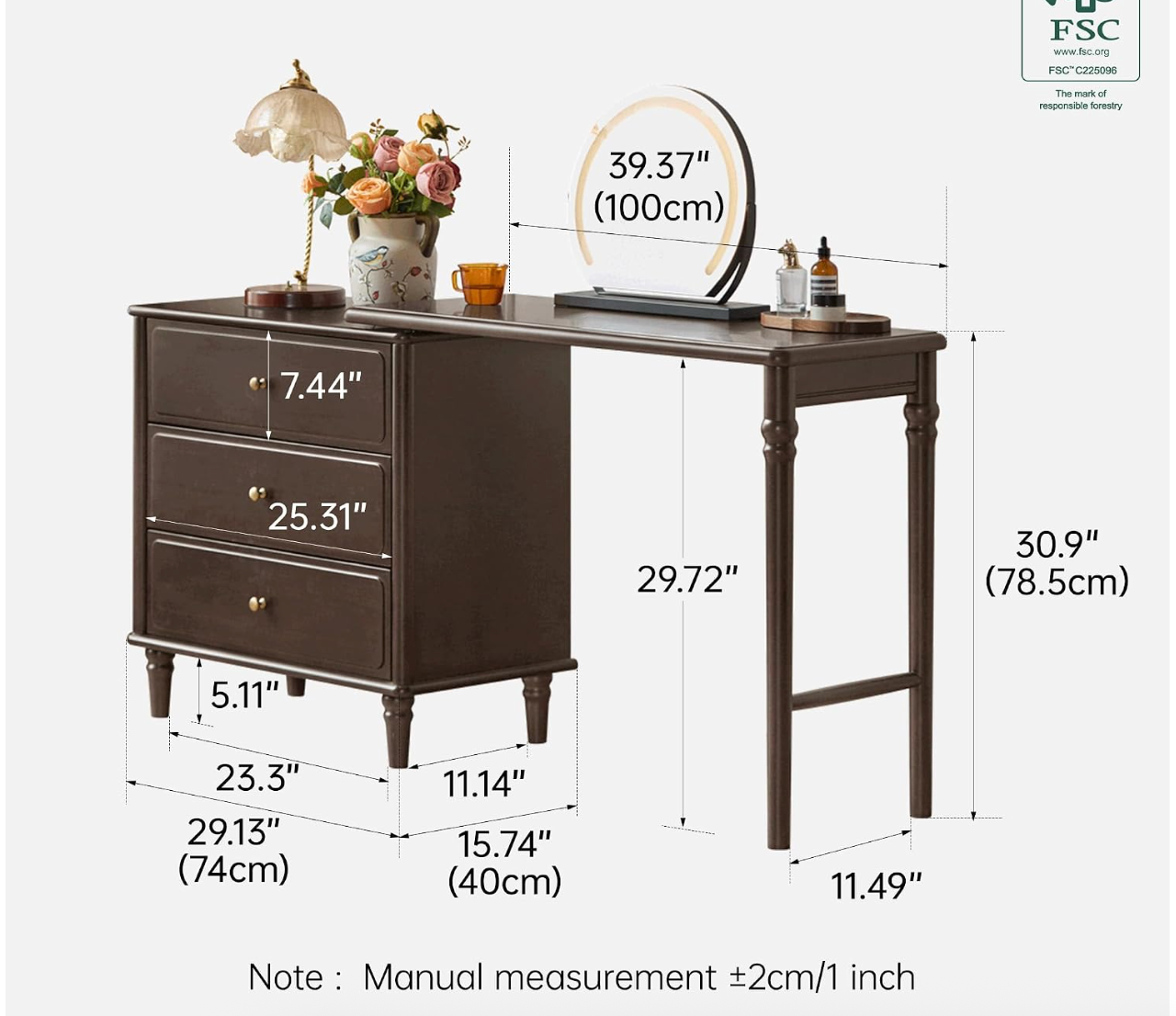 Black Walnut, Poplar Solid Wood Traditional Dresser with Attached Vanity Desk Extension and Turned Legs