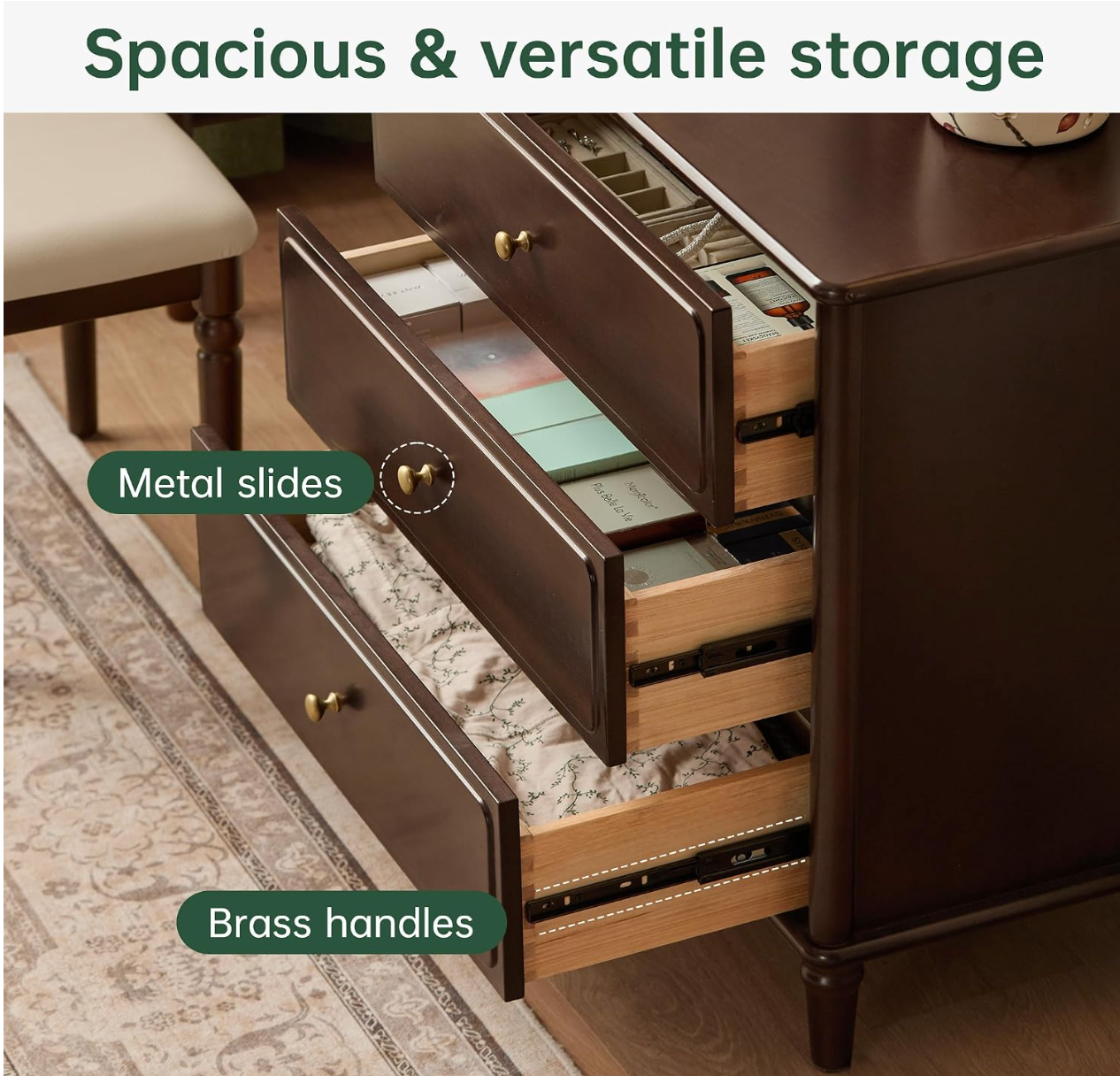 Black Walnut, Poplar Solid Wood Traditional Dresser with Attached Vanity Desk Extension and Turned Legs