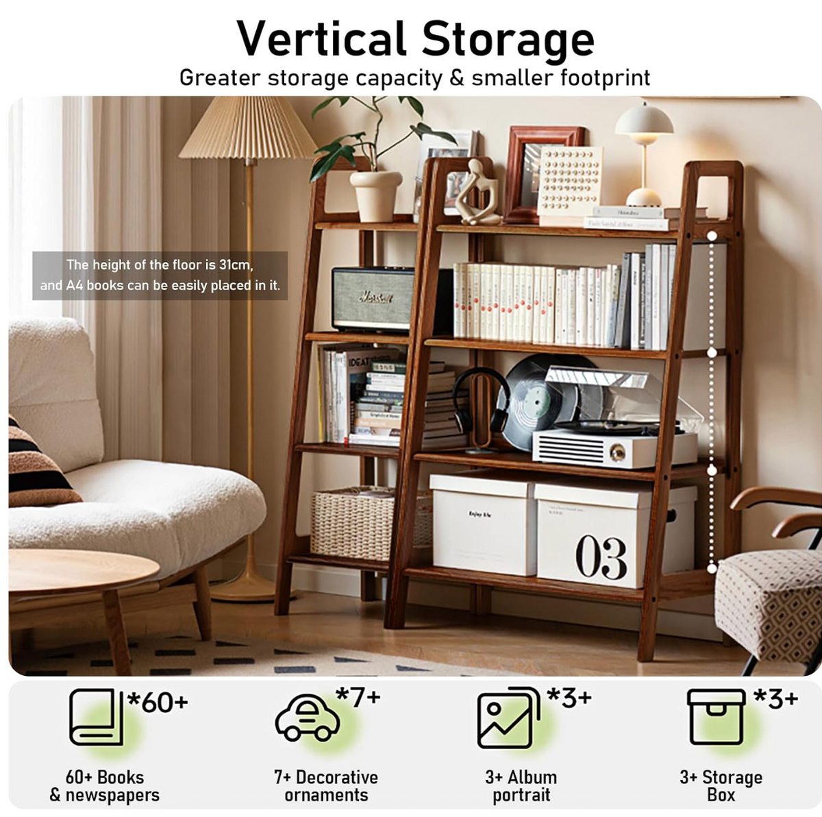 Black Walnut, Oak Solid Wood Trapezoidal Three-Tier Bookshelf, Side Table