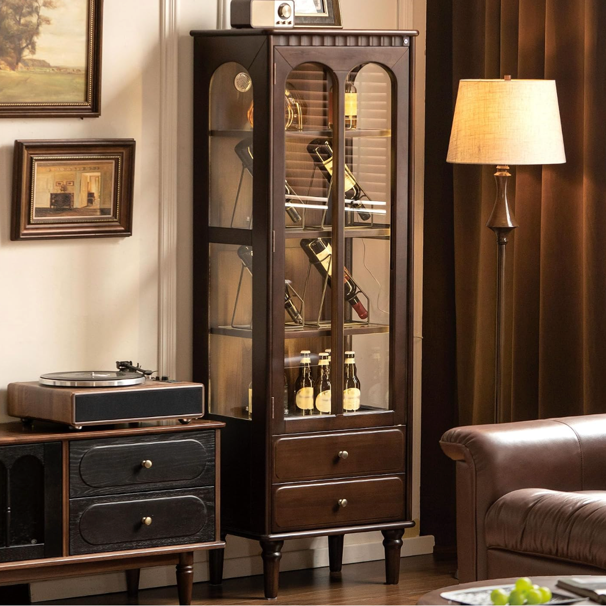 Poplar Solid Wood Curio Display Cabinet with Arched Glass Door