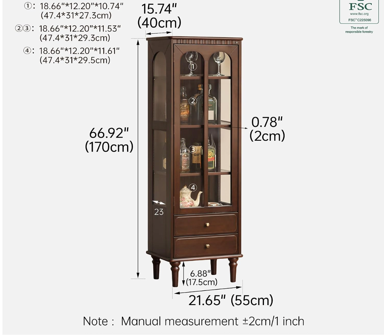 Poplar Solid Wood Curio Display Cabinet with Arched Glass Door