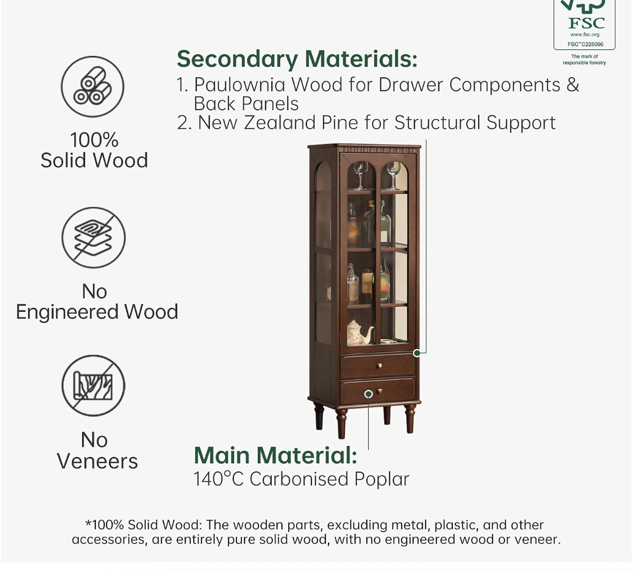 Poplar Solid Wood Curio Display Cabinet with Arched Glass Door
