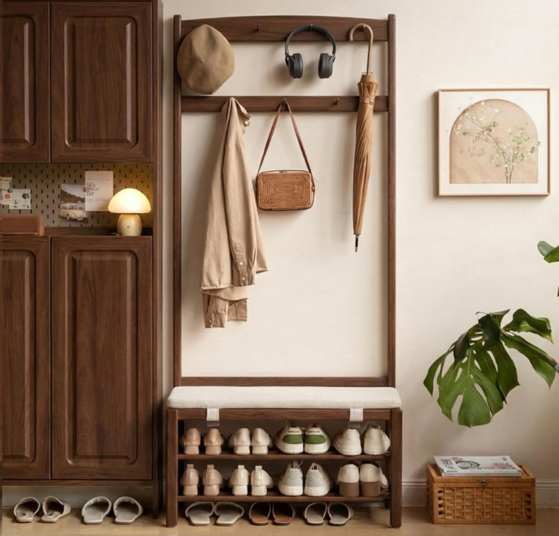 Oak Solid Wood Hall Tree with Upholstered Shoe Storage Bench