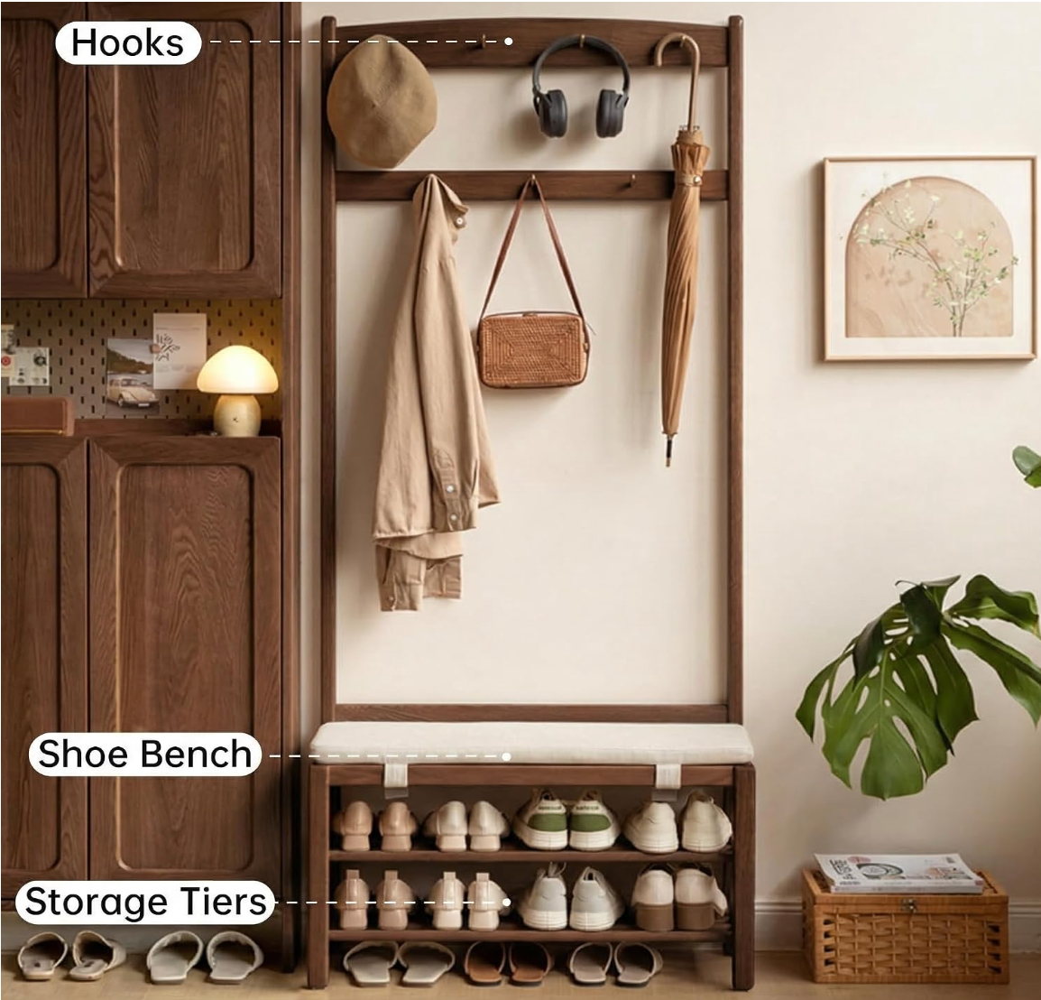 Oak Solid Wood Hall Tree with Upholstered Shoe Storage Bench