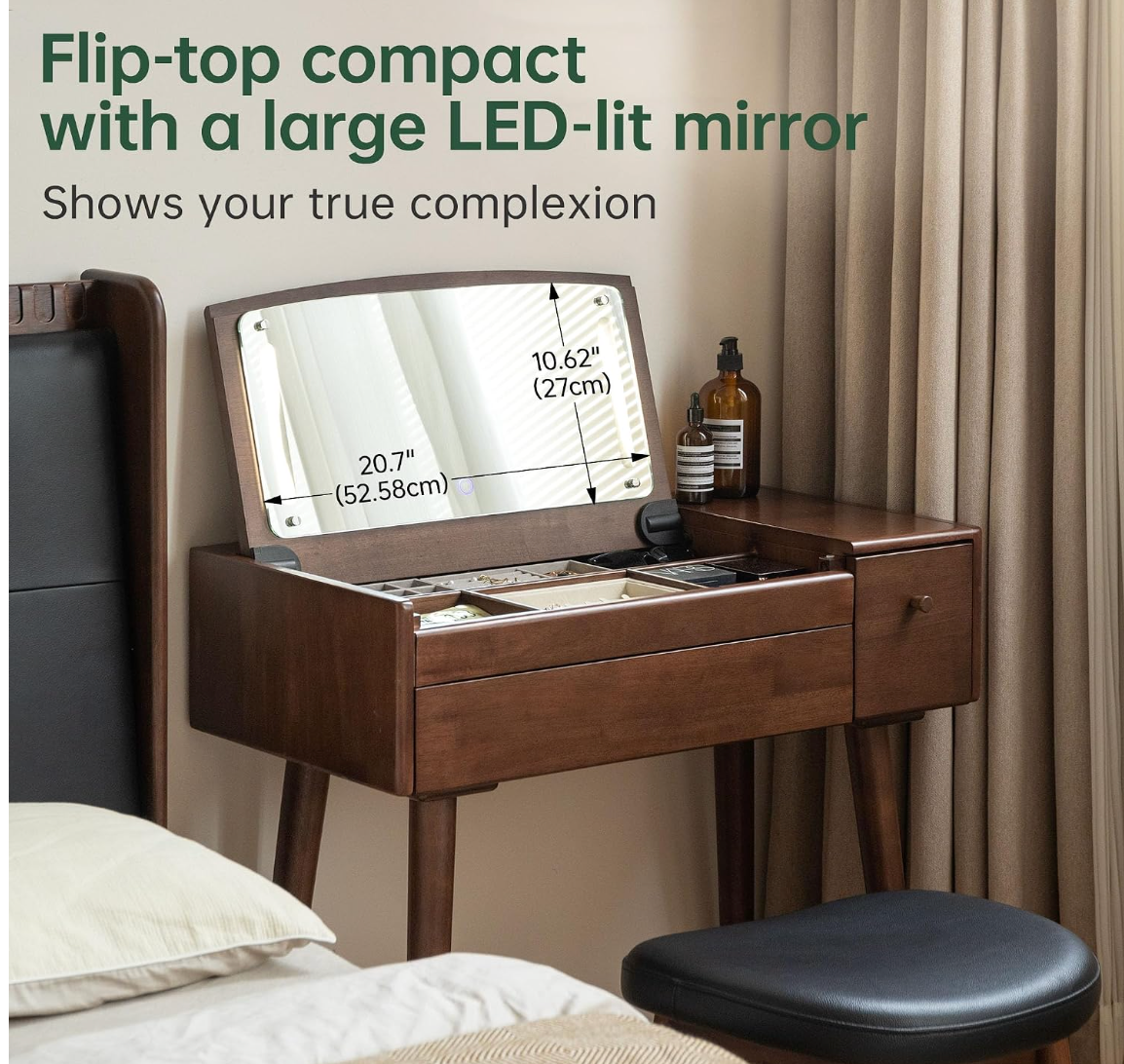 Solid RubberWood Vanity Table Mirror LED Touch Light