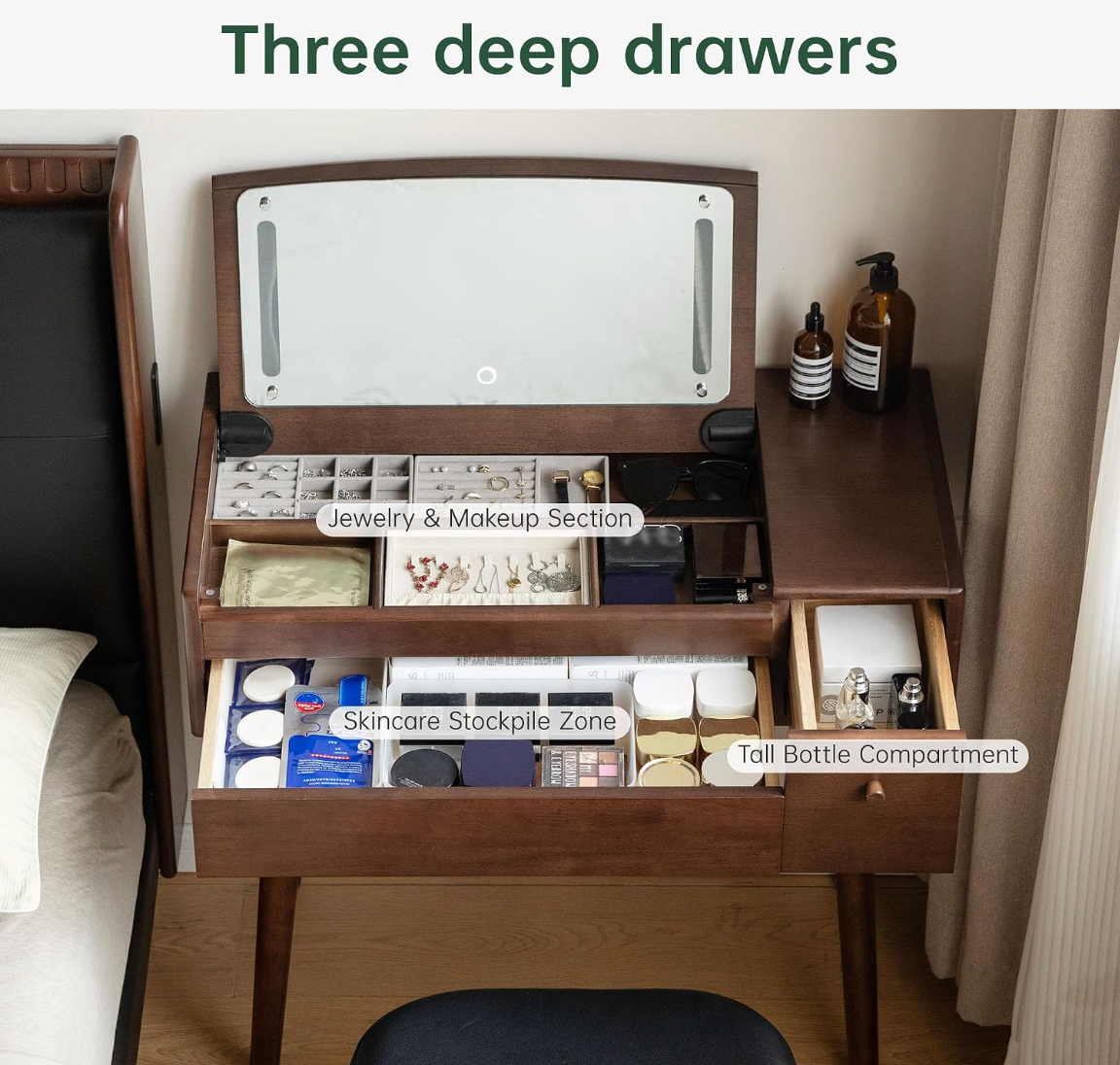 Solid RubberWood Vanity Table Mirror LED Touch Light