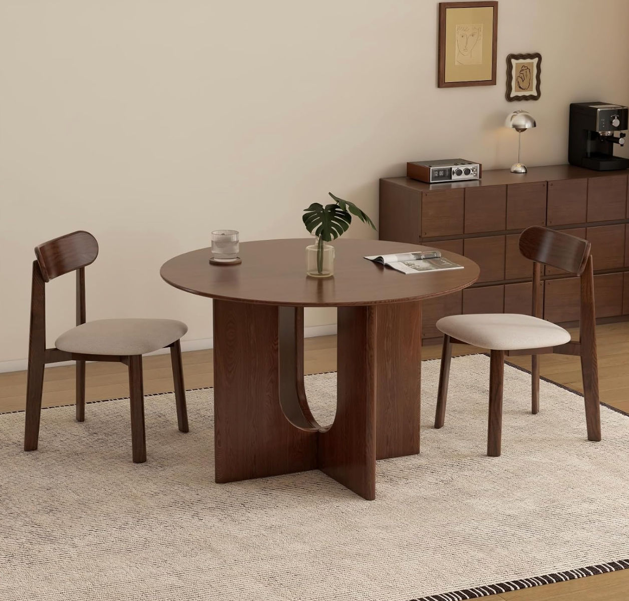 Ash Solid Wood Round Dining Table with Arched Hollow Pedestal Base