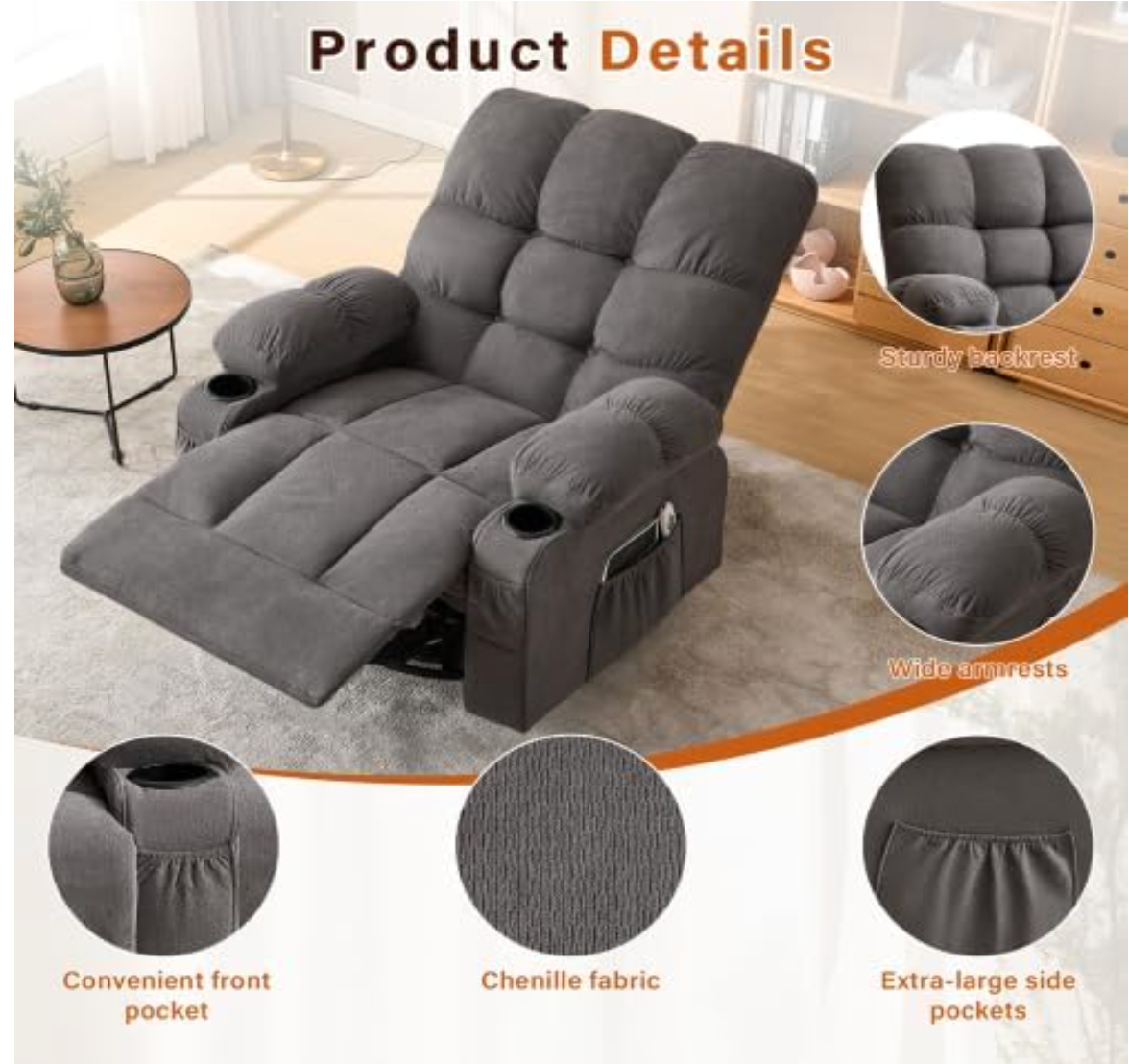 Electric Oversized Swivel Rocker Recliner with Massage and Heat