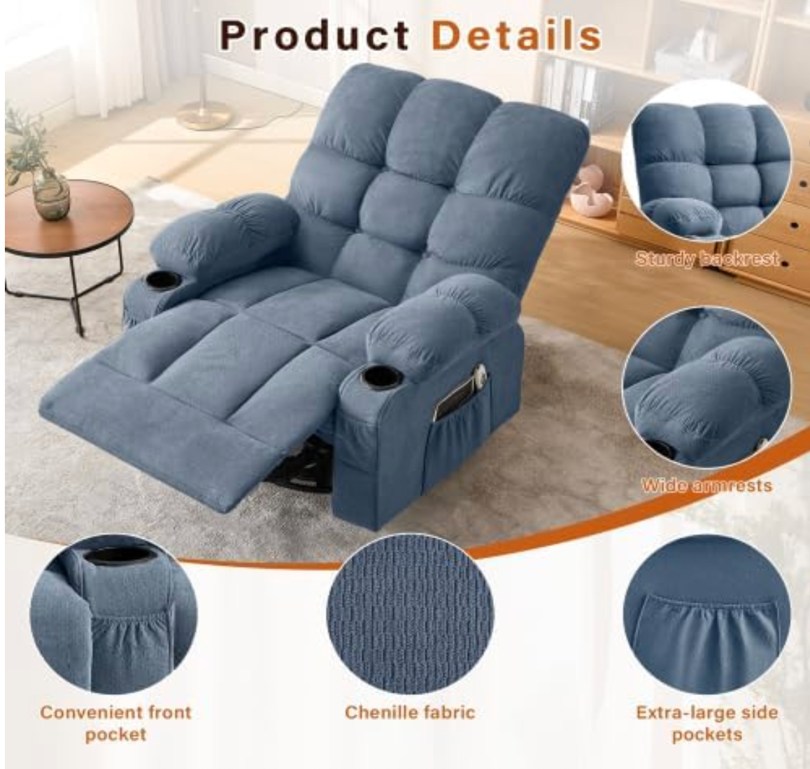 Electric Oversized Swivel Rocker Recliner with Massage and Heat