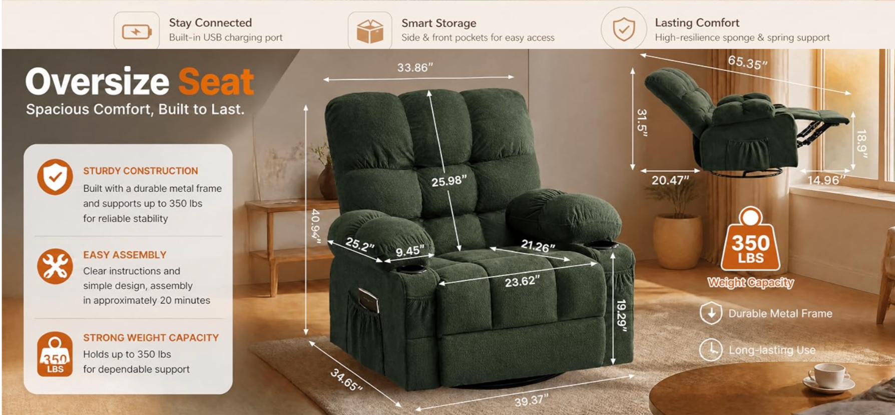 Electric Oversized Swivel Rocker Recliner with Massage and Heat
