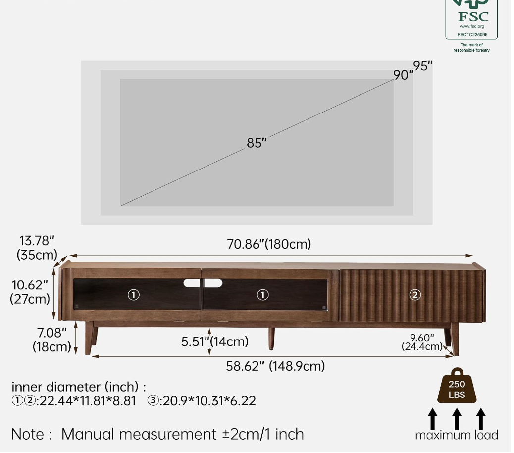Solid RubberWood Fluted TV Media Console with Drawers and Open Shelf