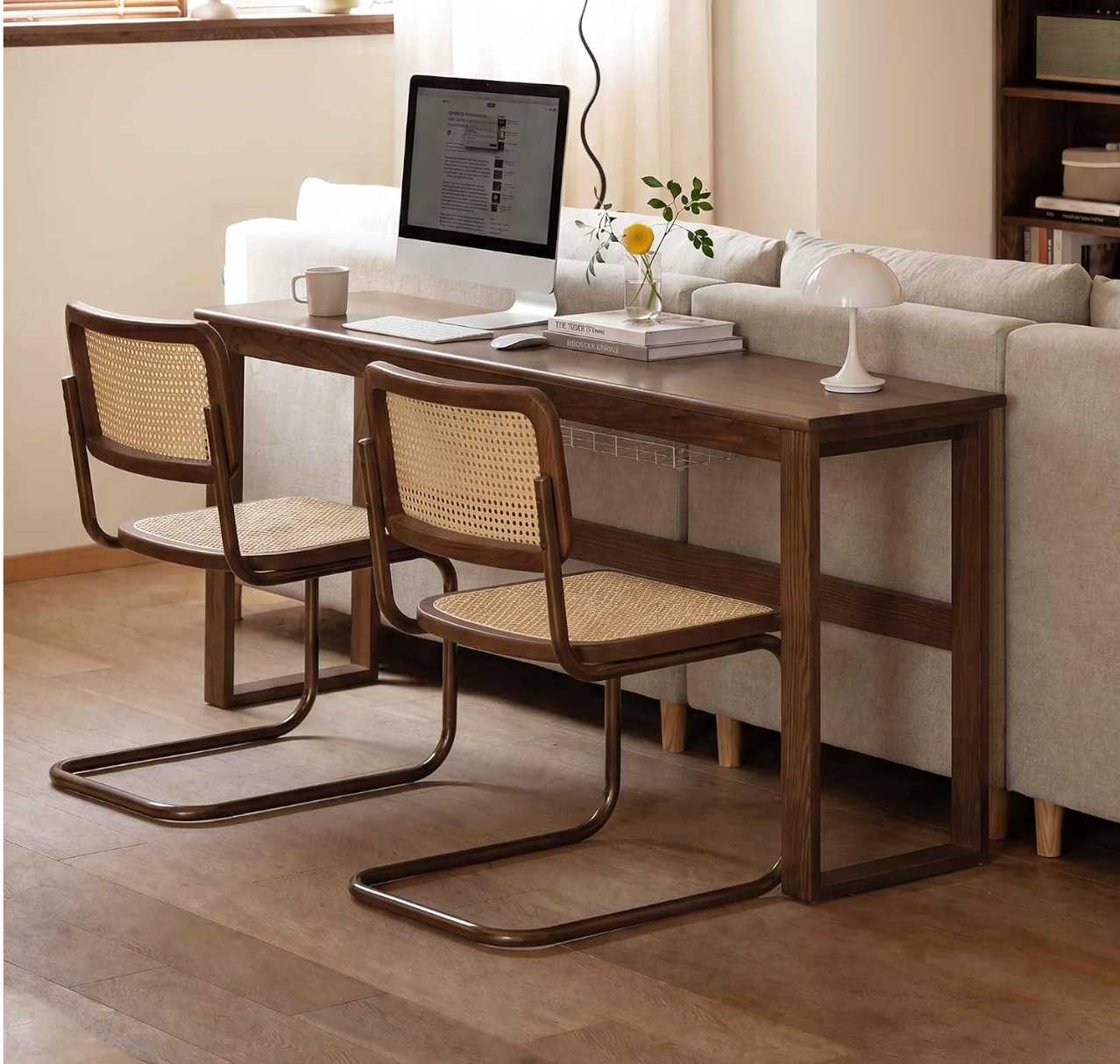 Oak Solid Wood Console Desk with Cable Organizer