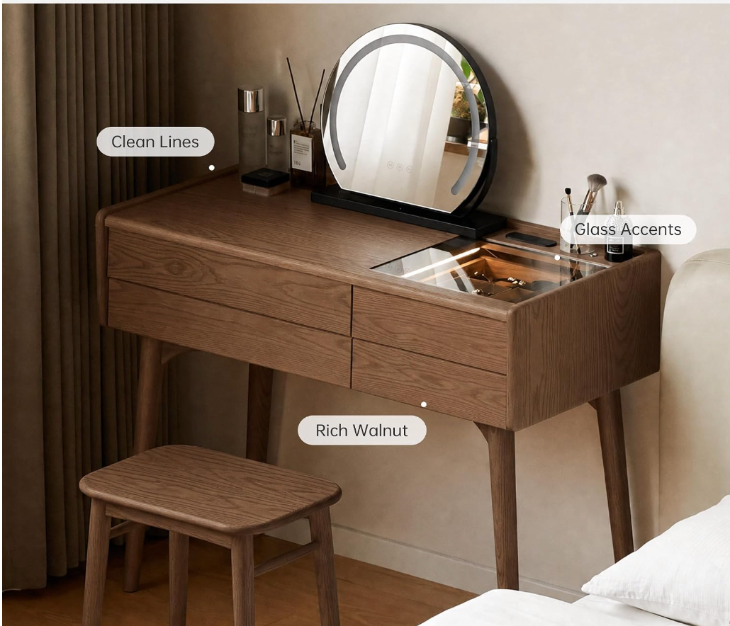 Ash, Cherry Solid Wood Modern Vanity Table with Storage